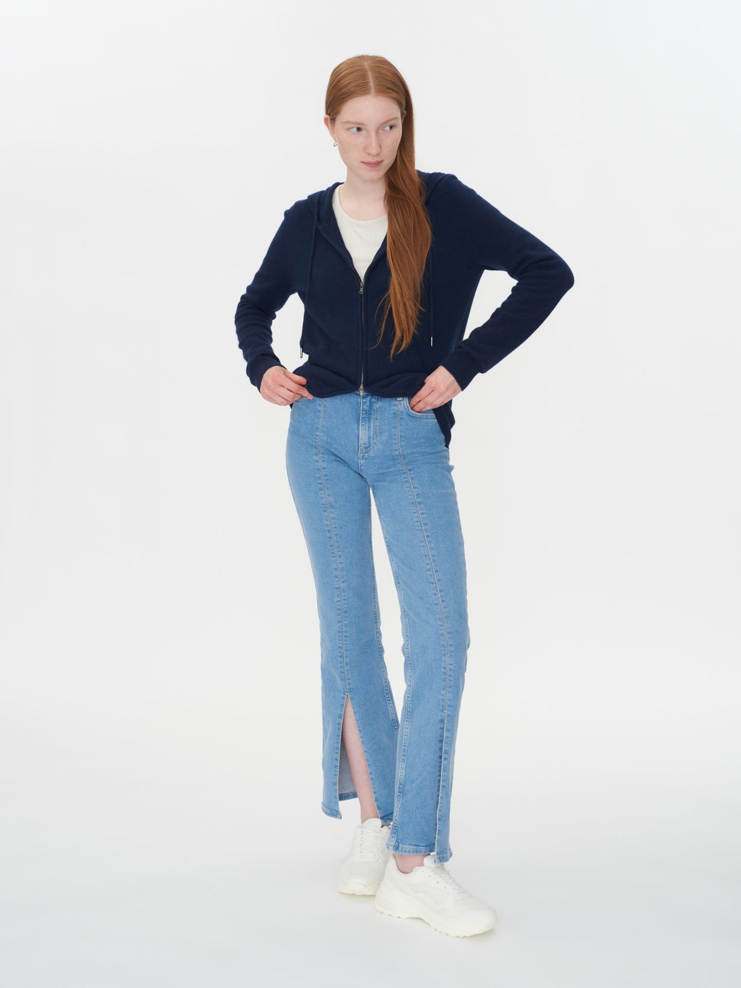 Women's Cashmere Full-Zip Hoodie Navy - Gobi Cashmere, XL / Light Blue / WK07-520