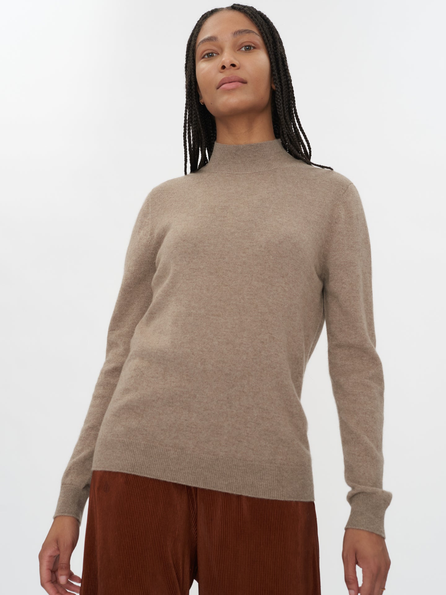 Women's Cashmere Mock Neck Sweater Taupe- Gobi Cashmere