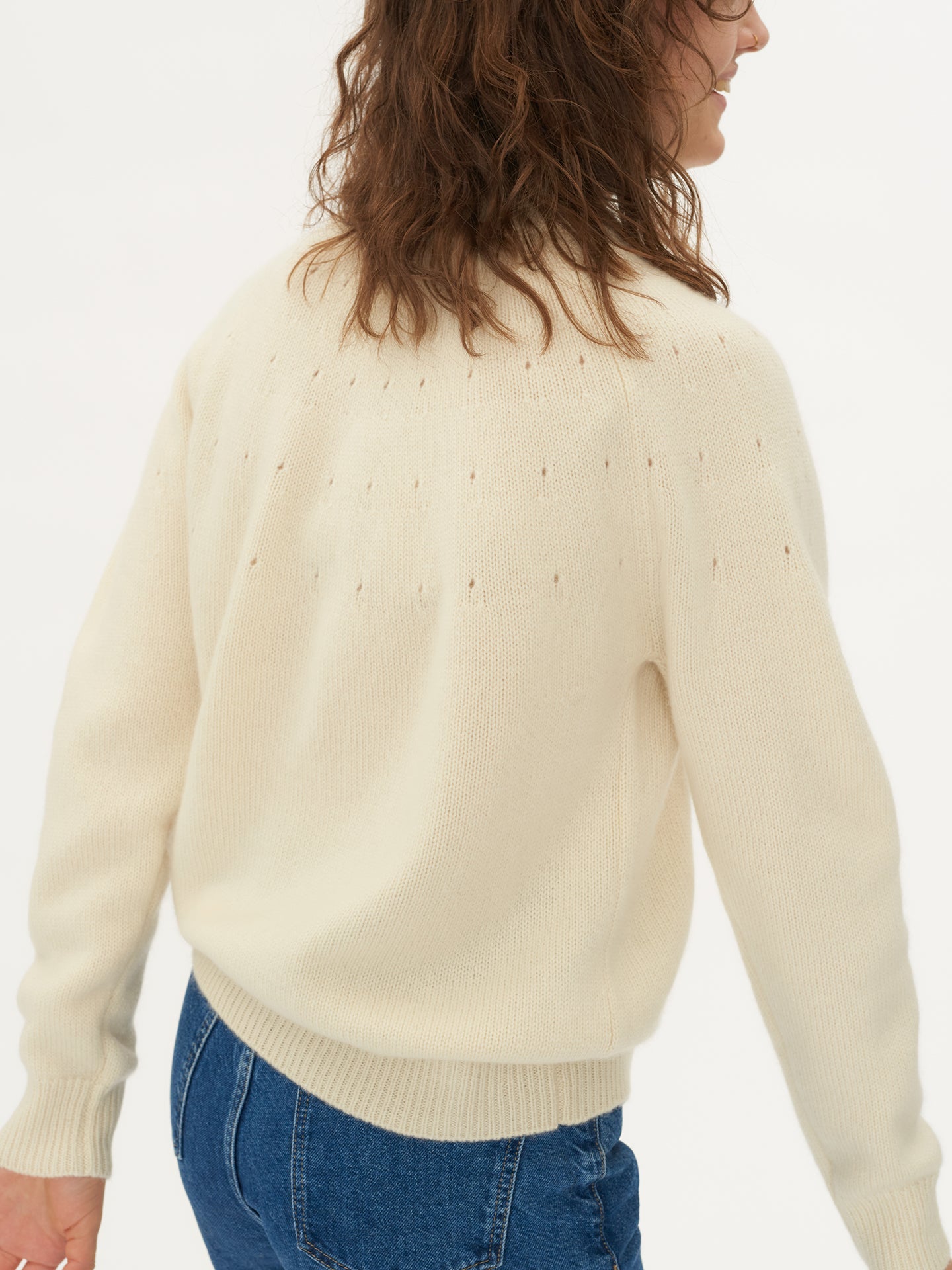 Women's Cashmere Ajour Detailed Crew Neck White - Gobi Cashmere