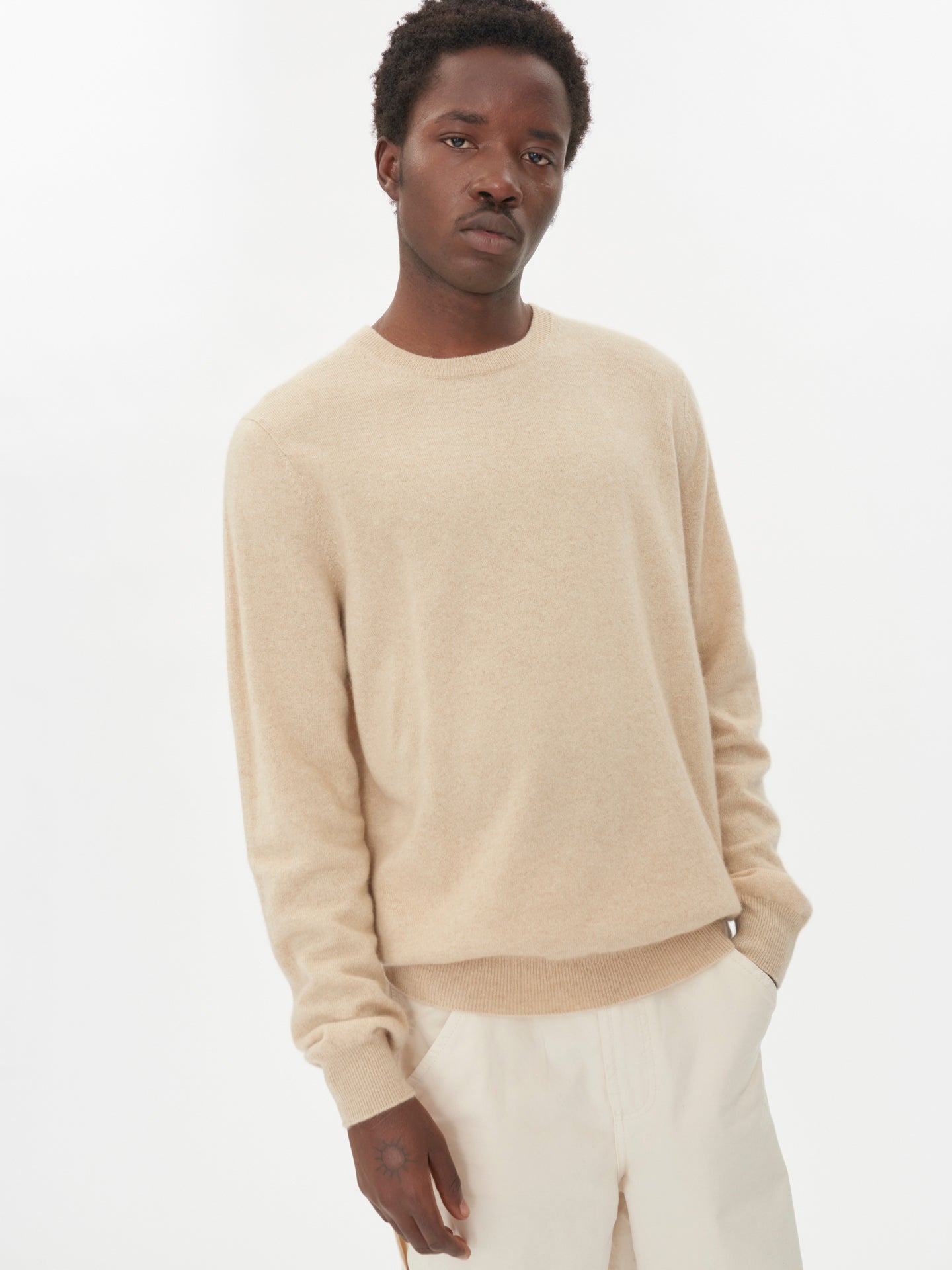 Men's Cashmere Basic Crew Neck Sweater Taupe - Gobi Cashmere