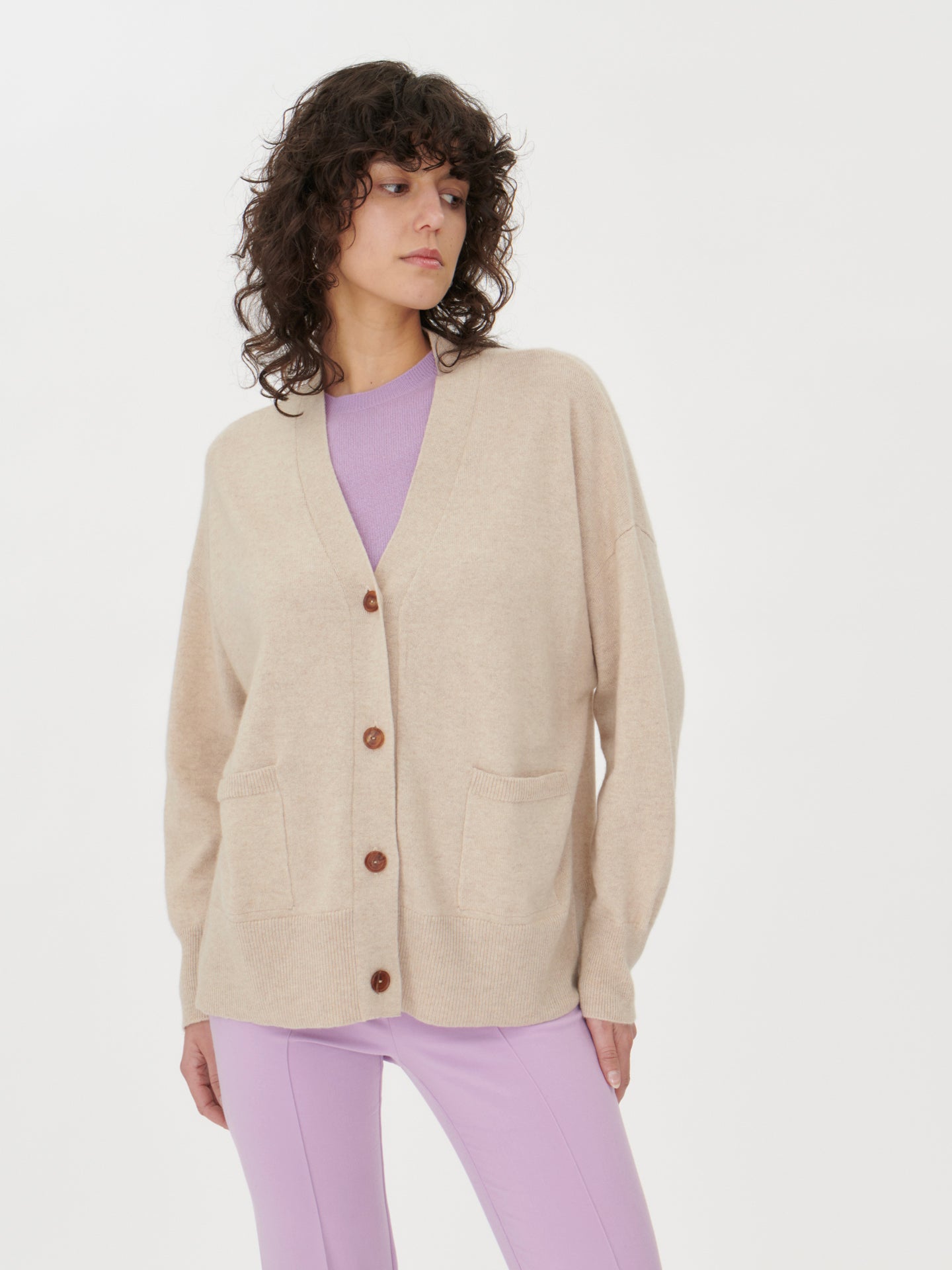 Women's V-Neck Cashmere Cardigan Sandshell - Gobi Cashmere