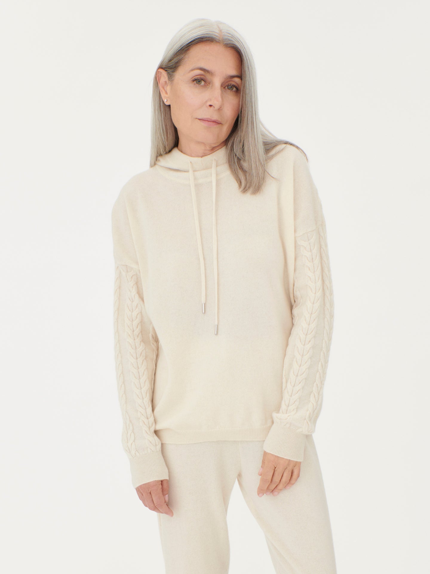 Women's Cashmere Hoodie With Cable Knitted Sleeves White - Gobi