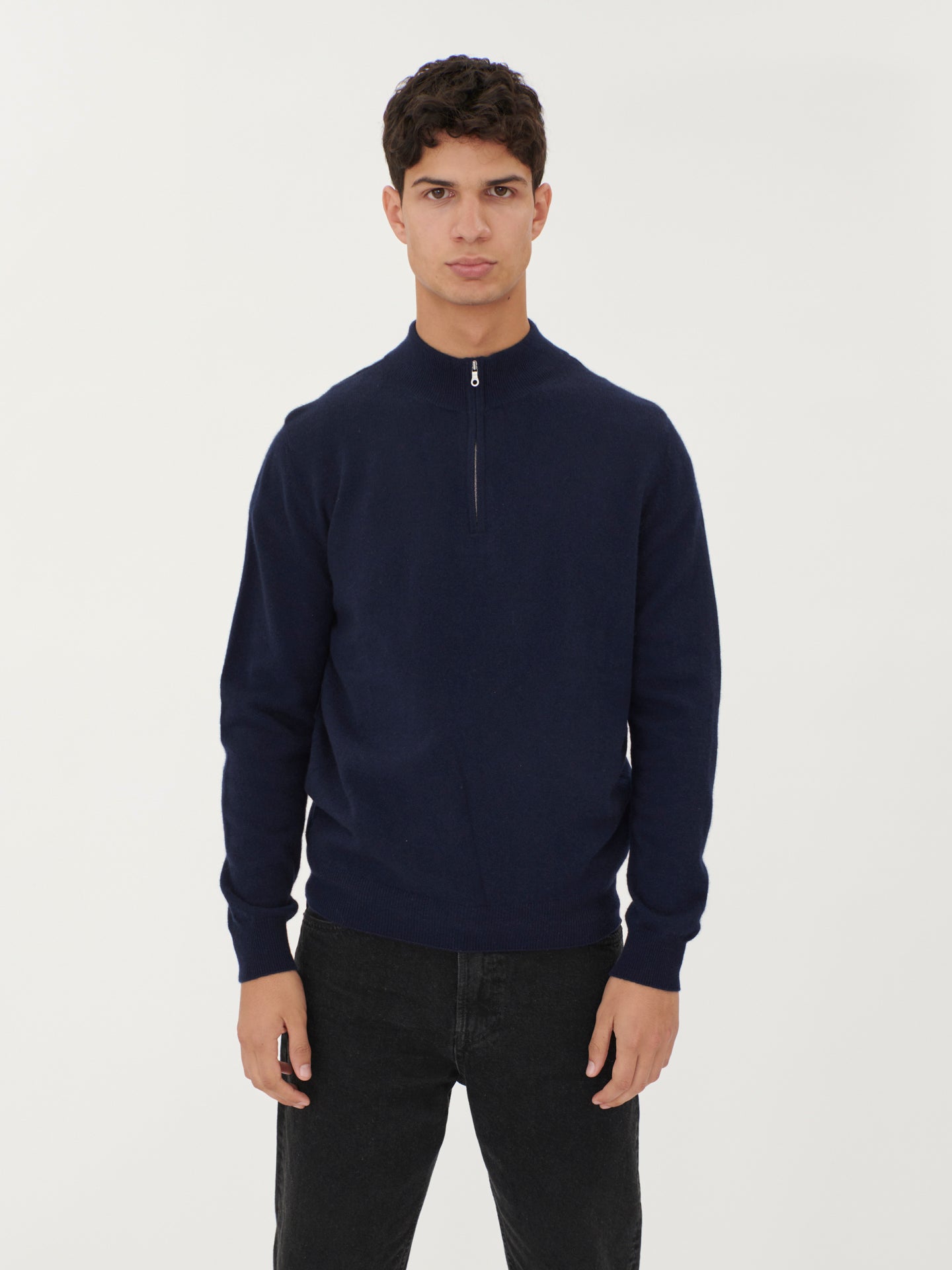 Men's Cashmere Half Zip Polo Navy - Gobi Cashmere