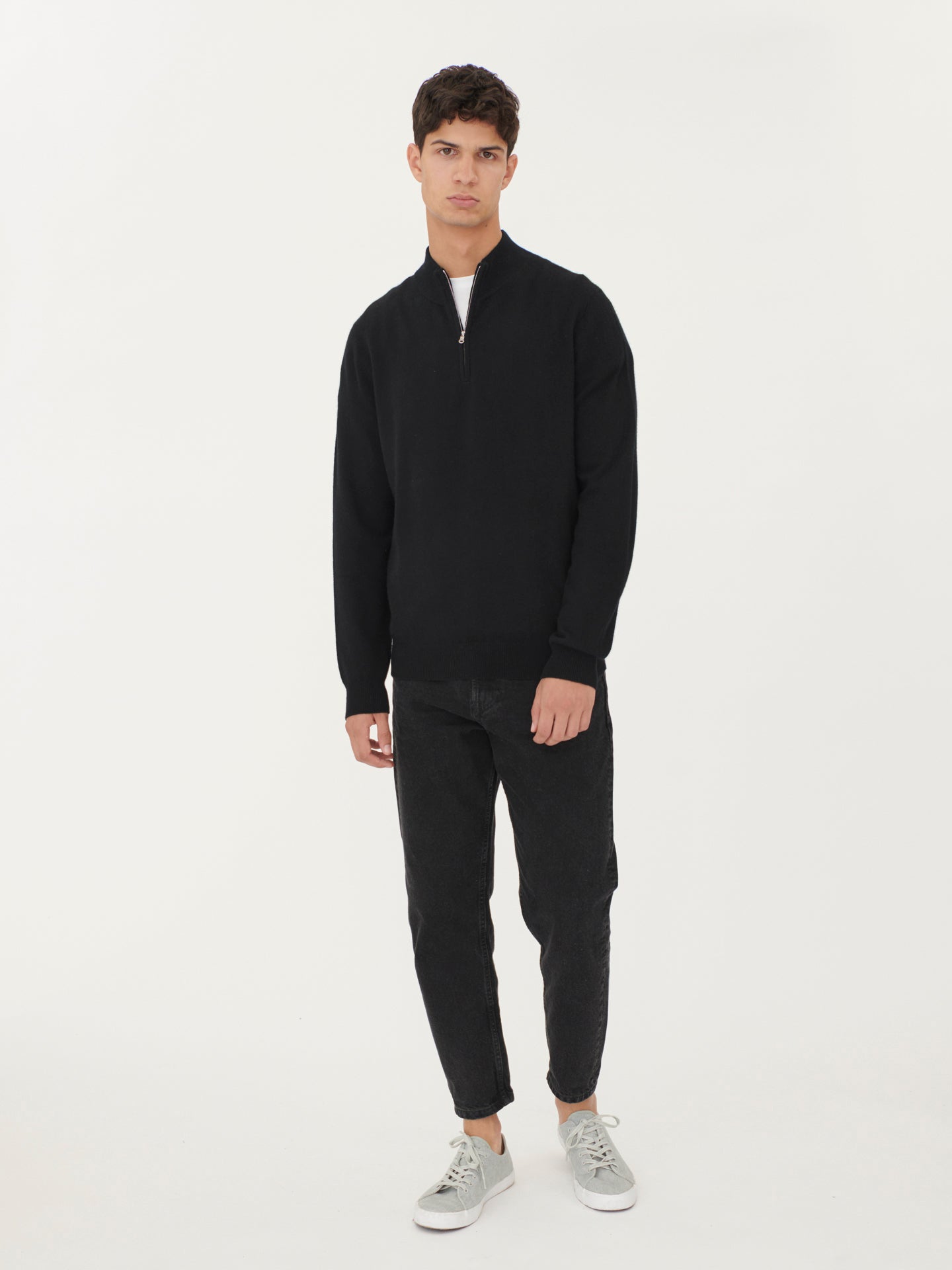 Men's Cashmere Half Zip Polo Black - Gobi Cashmere