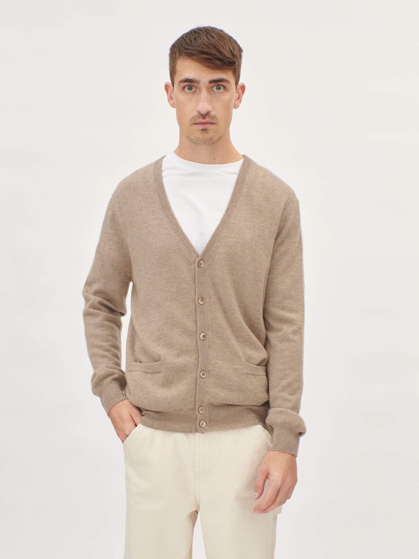 Men's Cashmere V-Neck Cardigan Taupe - Gobi Cashmere