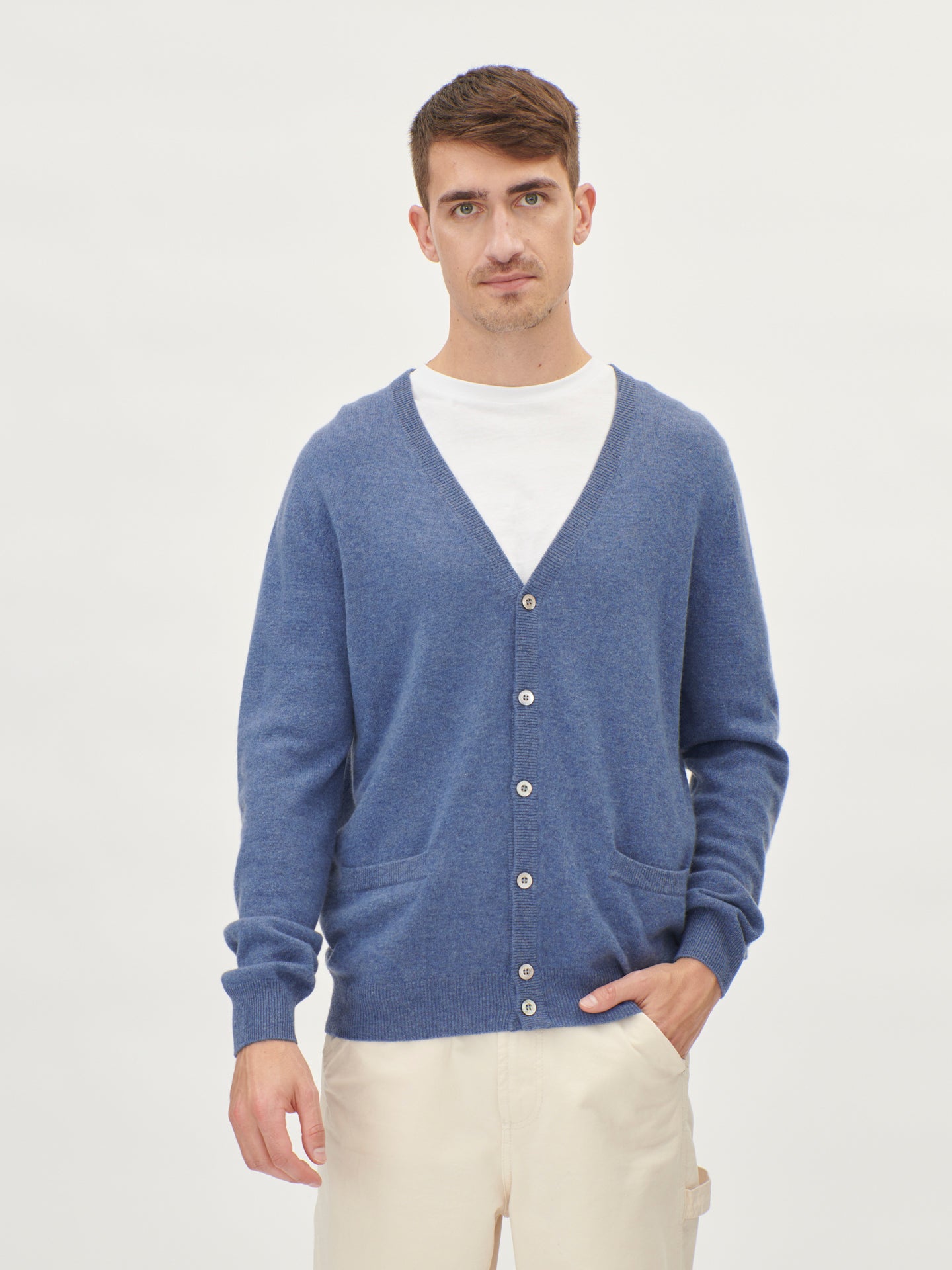 Men's Cashmere V-Neck Cardigan Bijou Blue - Gobi Cashmere