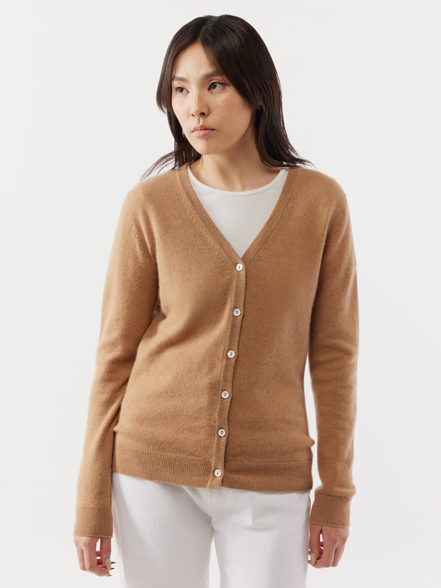 Check Wool Cashmere Cardigan in Birch brown - Women