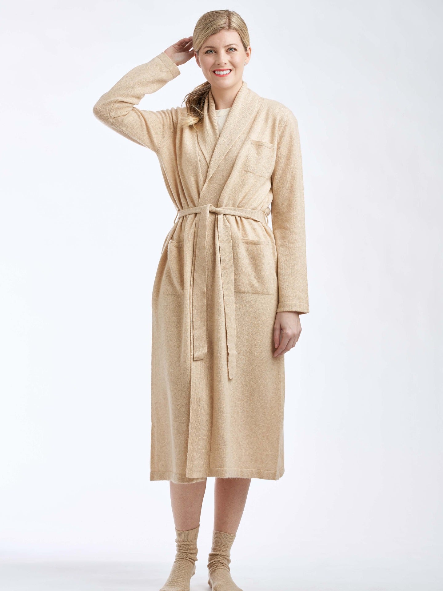 Women's Cashmere Shawl Collar Long Robe Taupe - Gobi Cashmere