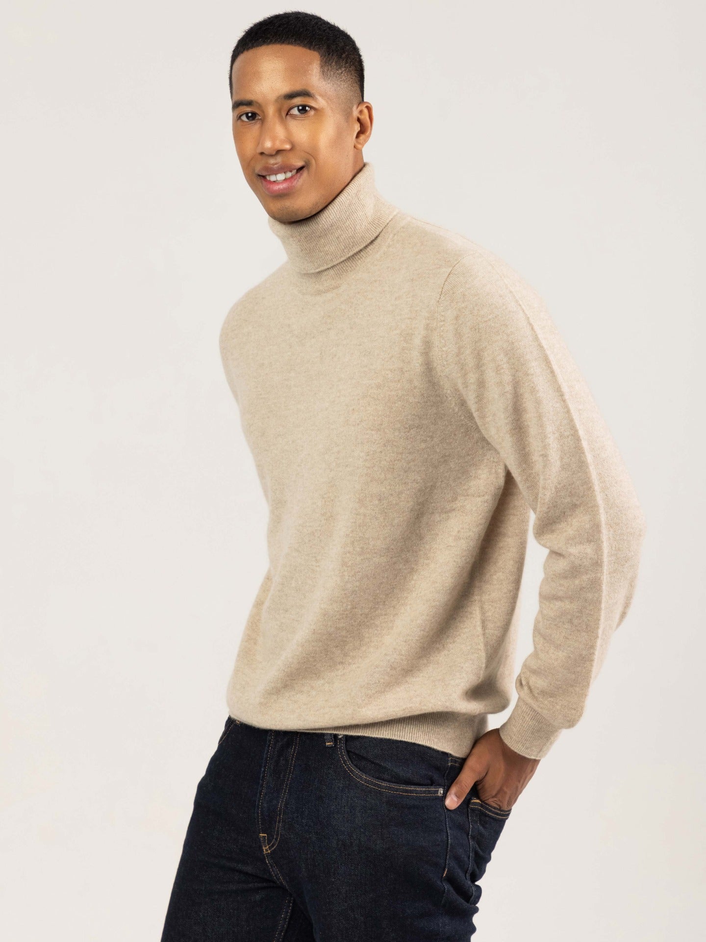 Men's Cashmere Basic Turtle Neck Sweater Taupe - Gobi Cashmere