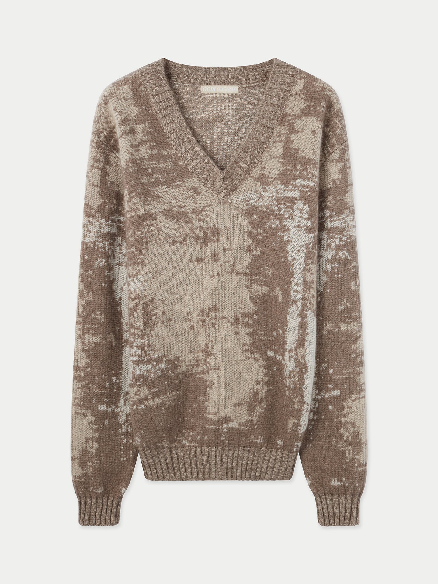 Men's Cashmere Jacquard V-Neck Sweater Taupe - Gobi Cashmere