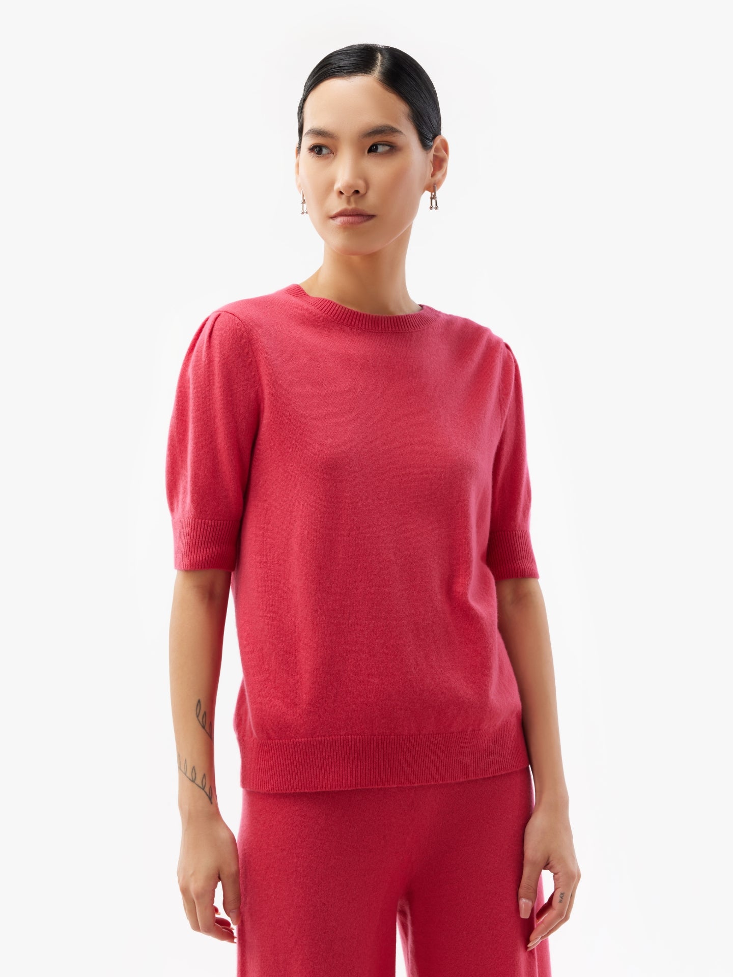 Women's Cashmere Puff Sleeve Top Rose Red - Gobi Cashmere