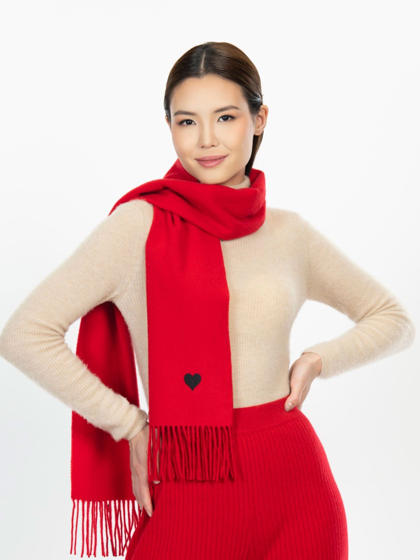 Unisex Cashmere Heart Embroidery Fringe Scarf Red - Gobi Cashmere