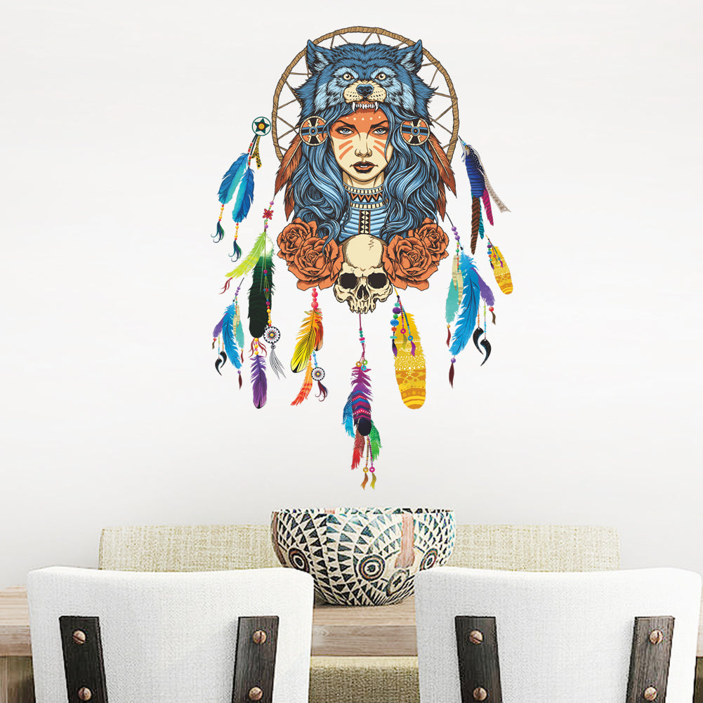 Creative Dream Catcher Feather Wolf Girl Bedroom Decorations Removable Living Room Home Decor Decal Mural Art