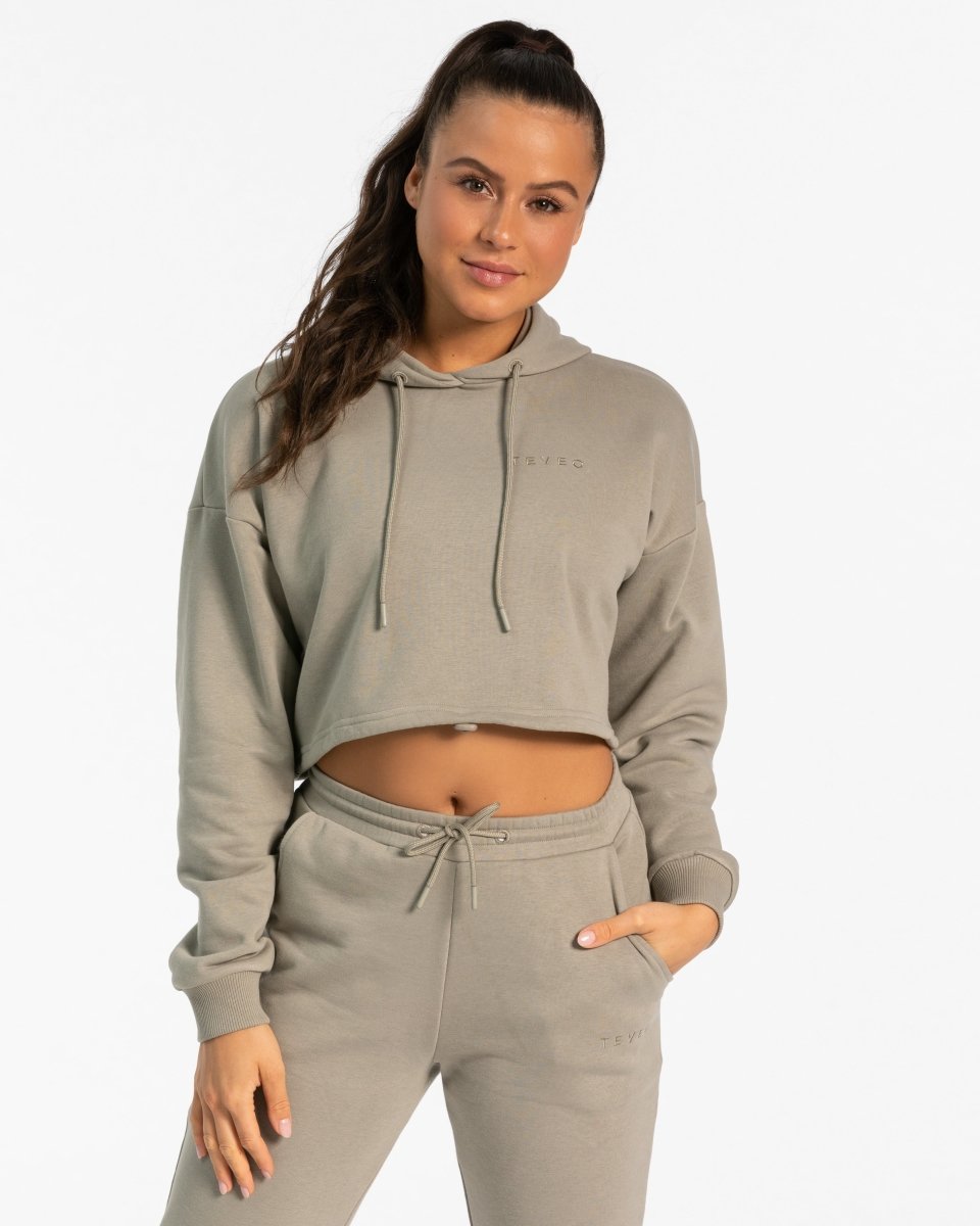 Damen Cropped Hoodie | Khaki | TEVEO