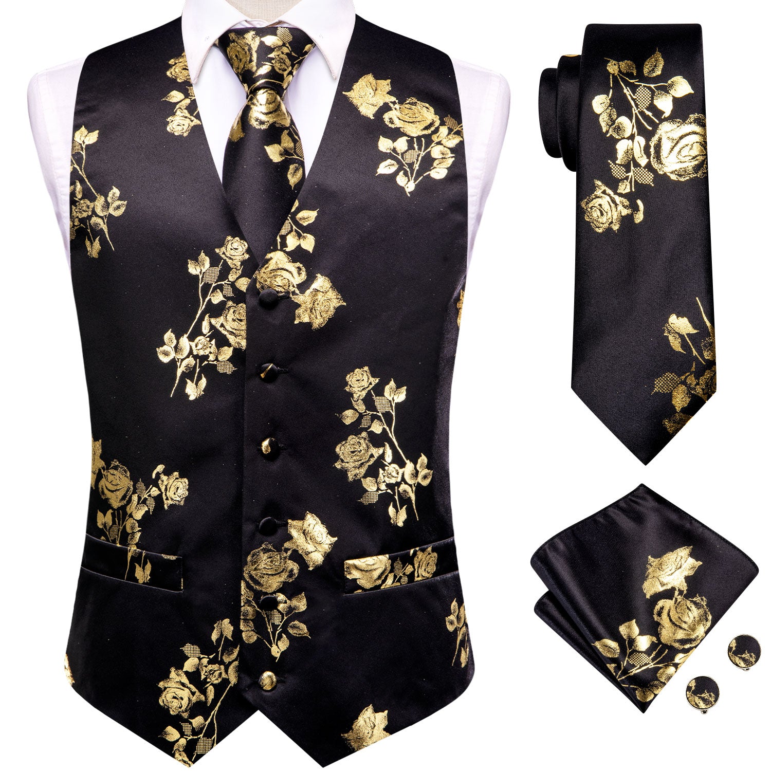 Black Golden Floral Silk Men's Vest Hanky Cufflinks Tie Set Waistcoat