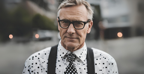 Adult white man wearing black and white polka dot tie