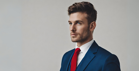 men wearing navy blue suit red tie