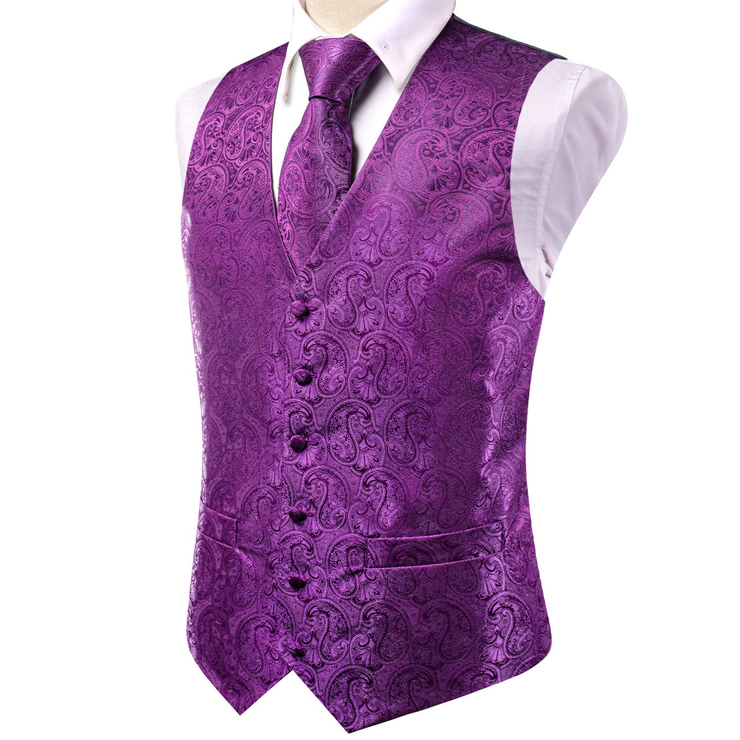 Luxury Purple Paisley Silk Men's Vest Hanky Cufflinks Tie Set Waistcoa ...