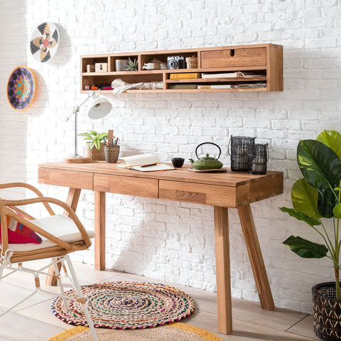 NordicStory "Einstein 2" solid oak writing table with floating shelf 