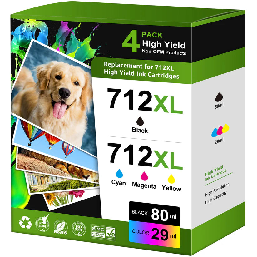 712 Ink Compatible for HP 712 Ink Cartridge HP Ink 712 for DesignJet T210 (4PK, 80ml Black+29ml CMY)