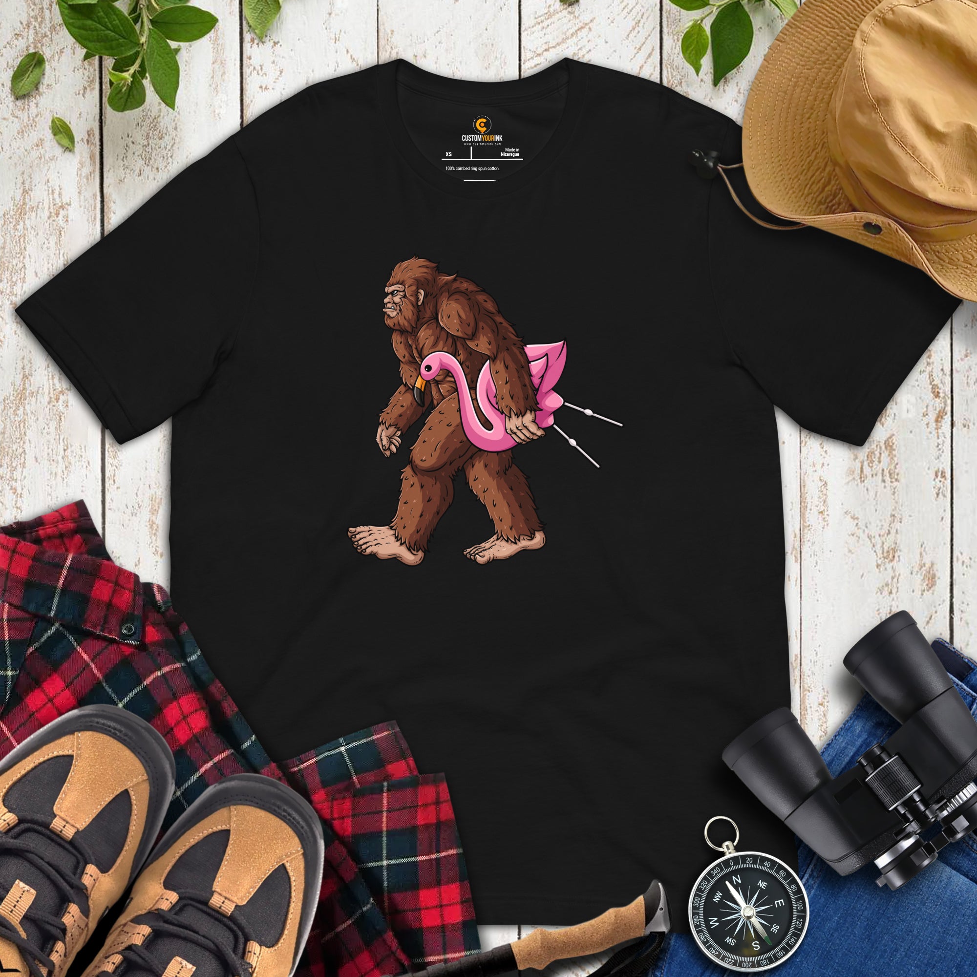 Camping & Hiking Shirt - Presents, Gift Ideas for Happy Campers & Hikers - Bigfoot Sasquatch Carrying A Flamingo Tee Shirt - Yeti Merch