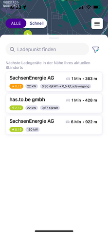 Anzeige freier Ladestationen und Ladepreise in der E-Autos.de App