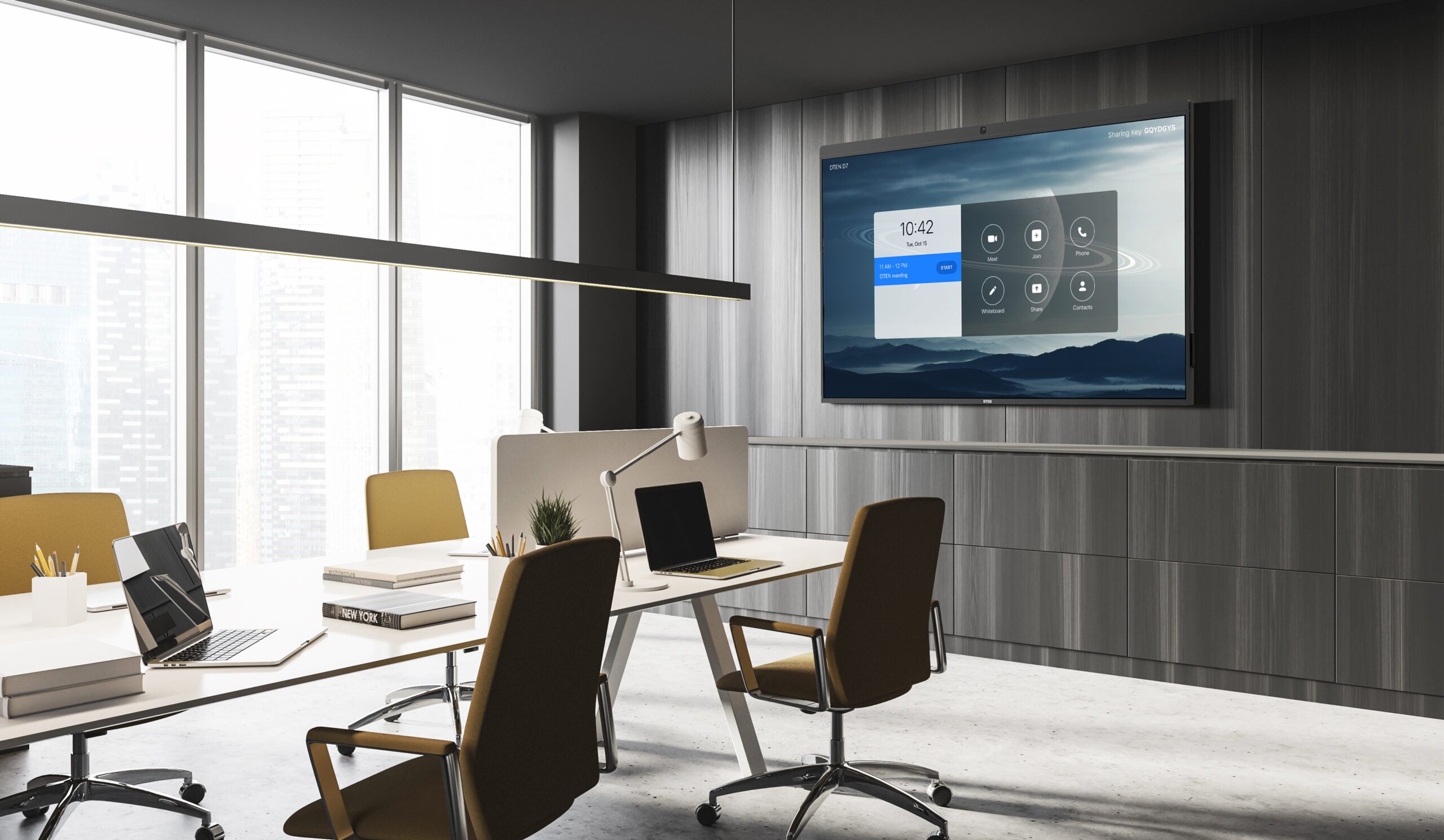 sala de reuniones con pantalla interactiva
