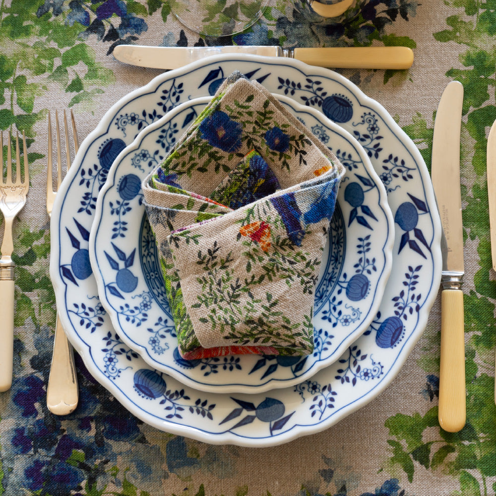 Sustainable and organic table setting with floral pattern.