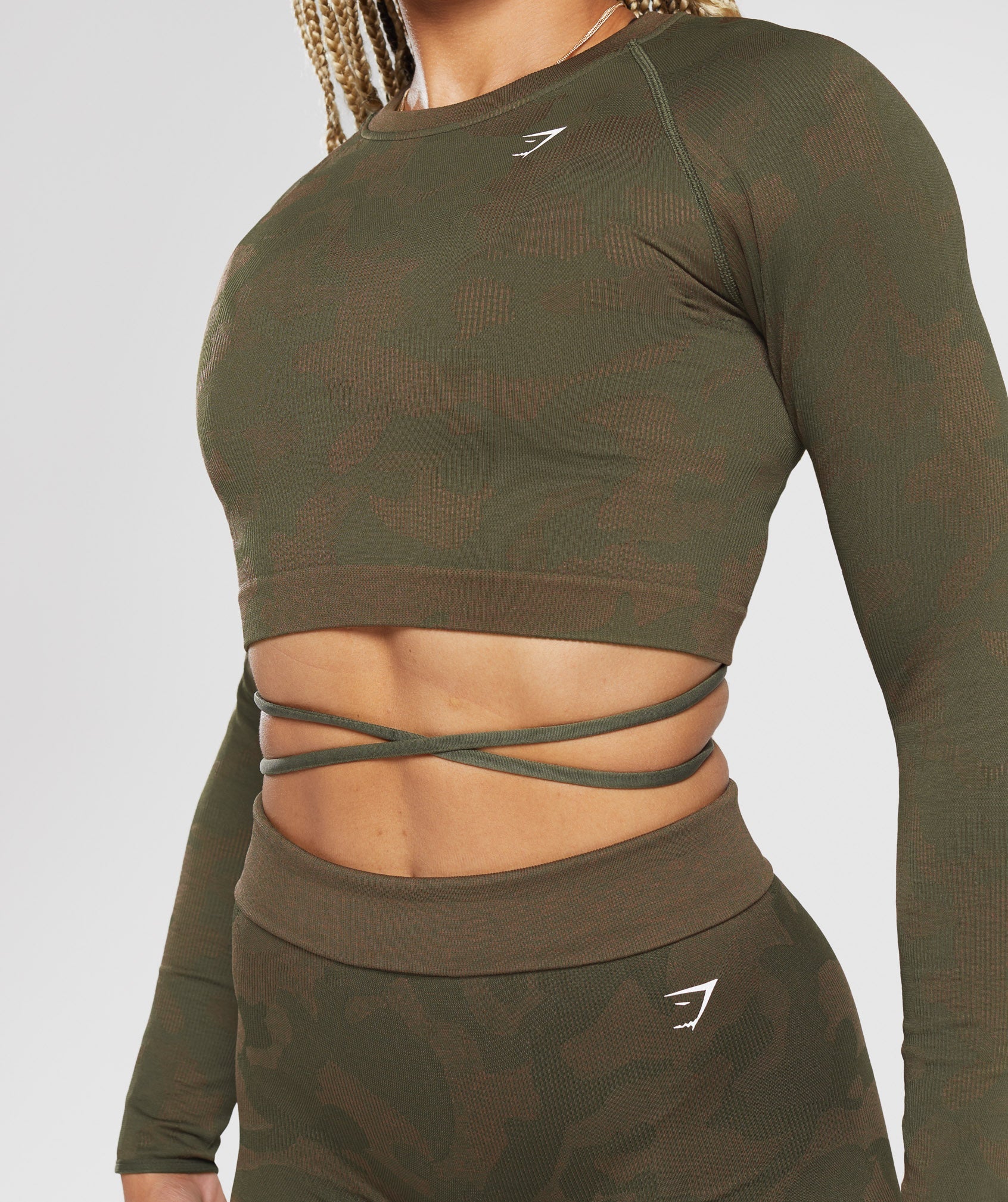 Adapt Camo Seamless Ribbed Long Sleeve Crop Top in Winter Olive/Soul Brown - view 5