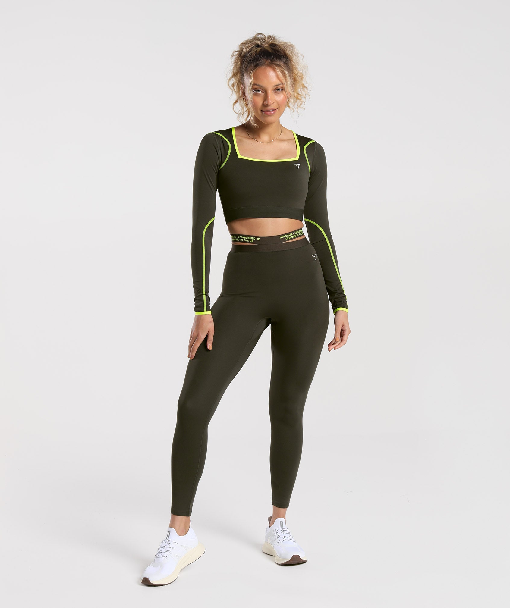 Contrast Long Sleeve Crop Top in Olive Green/Fluro Green - view 4
