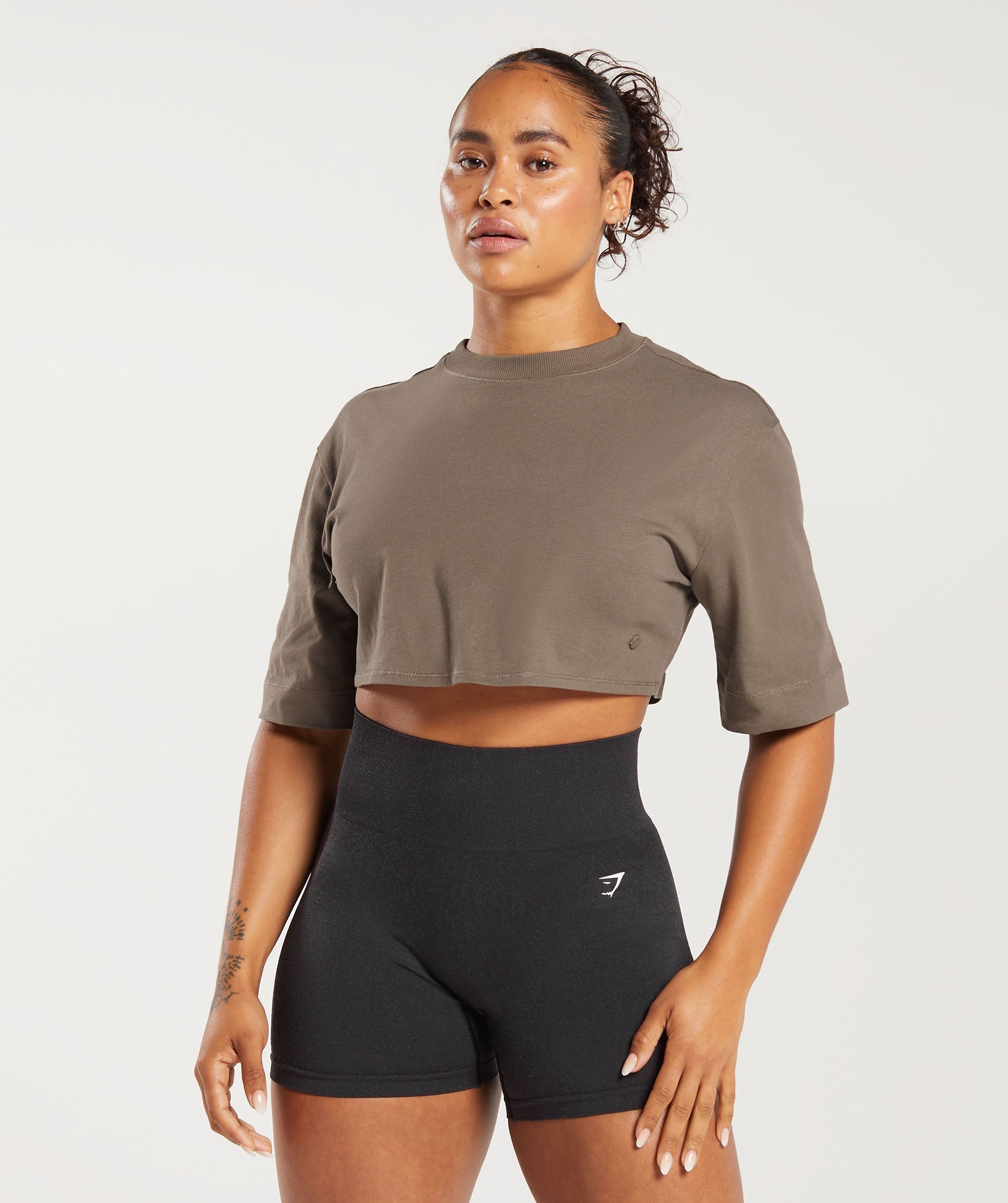 Cotton Boxy Crop Top in Camo Brown - view 1