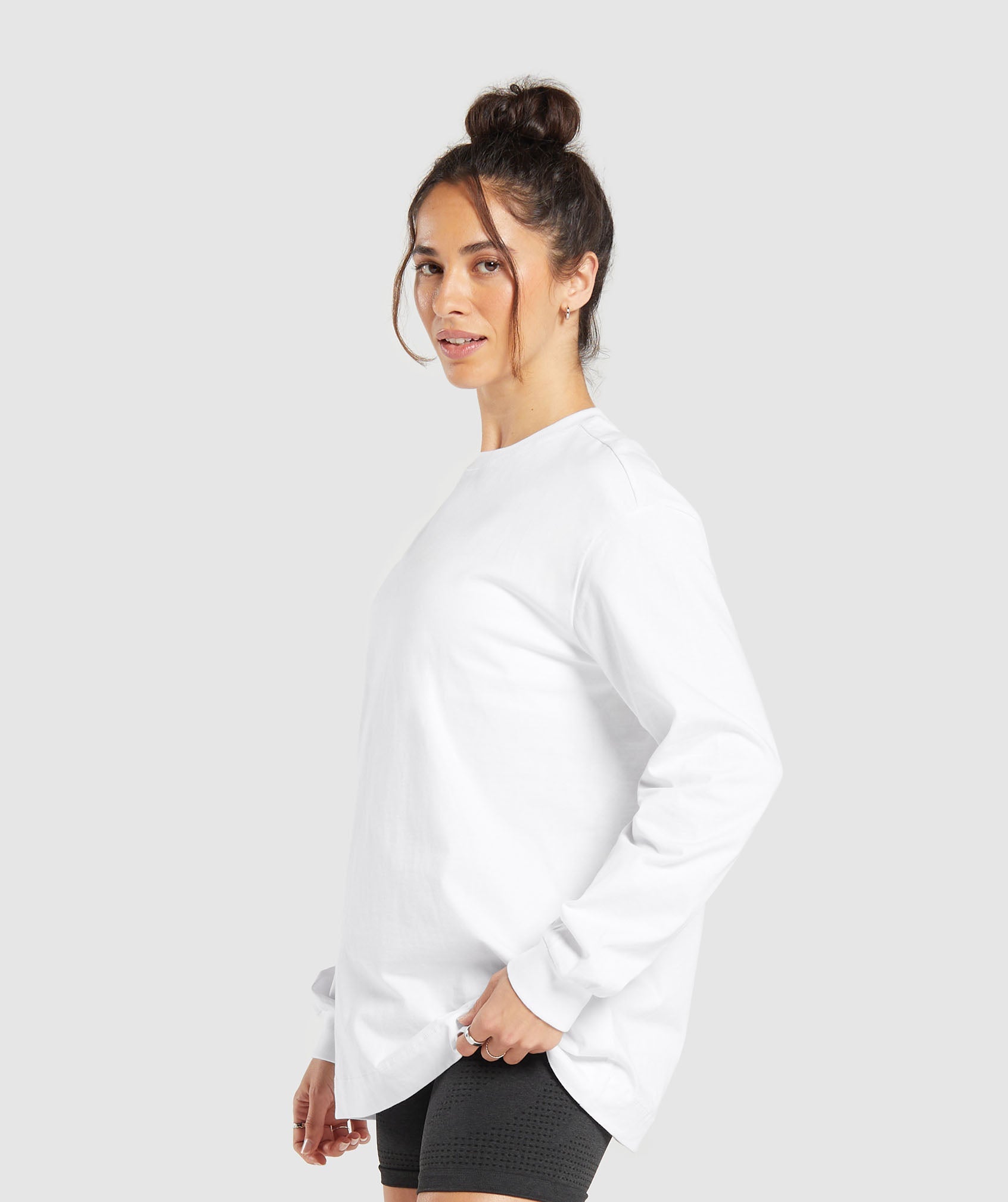 Cotton Oversized Long Sleeve Top in White - view 3