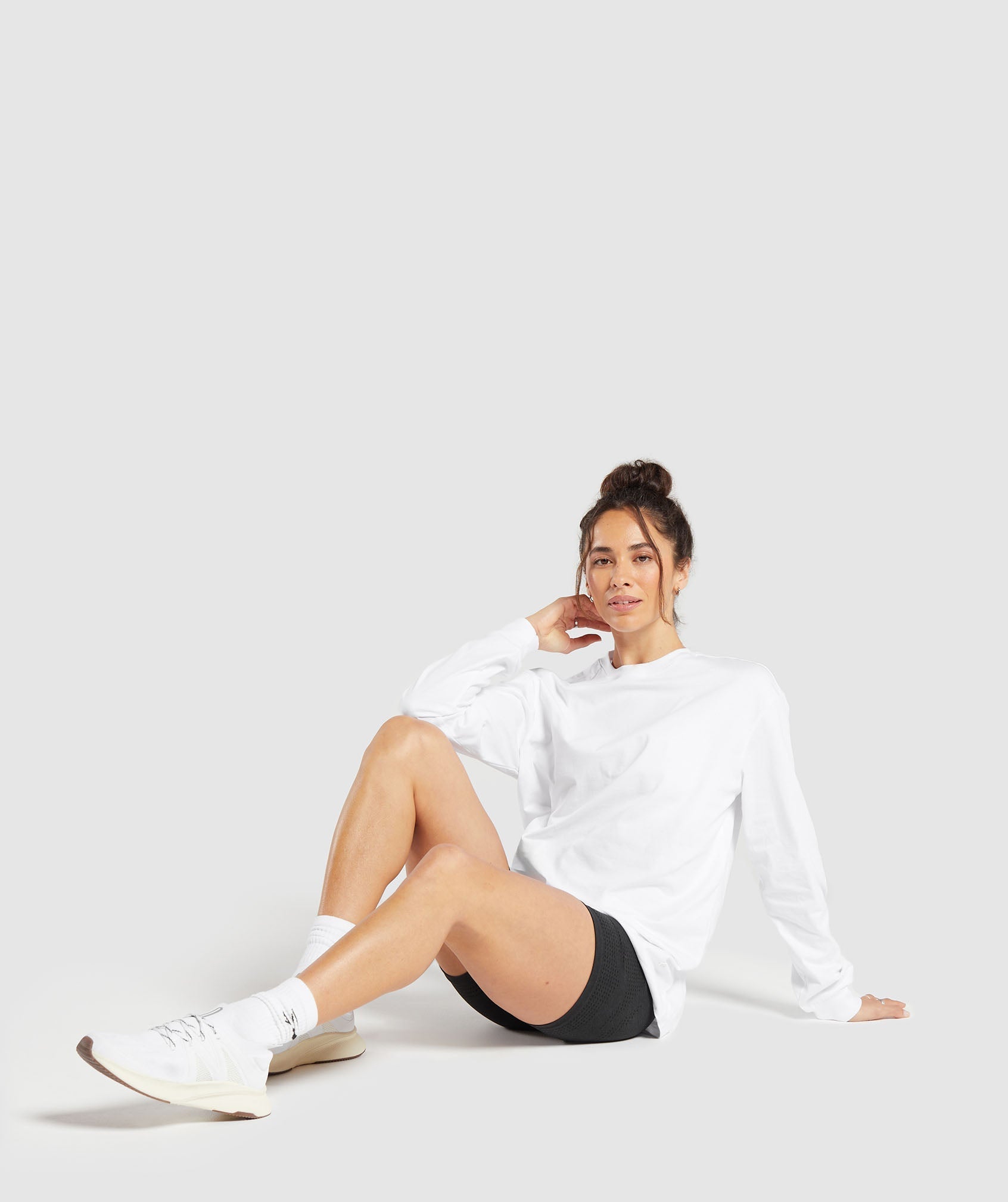 Cotton Oversized Long Sleeve Top in White - view 4