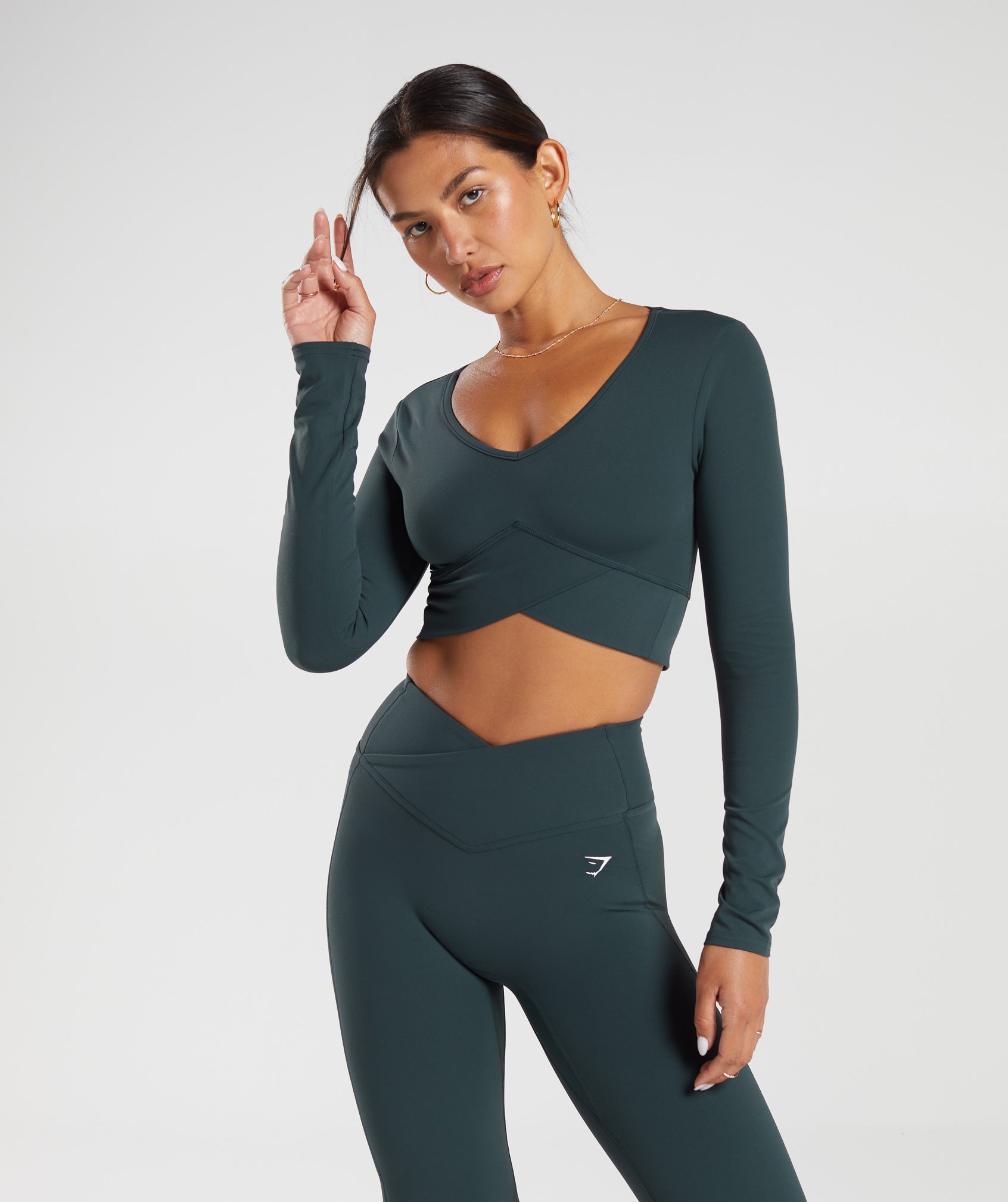 Crossover Long Sleeve Crop Top in Darkest Teal - view 4