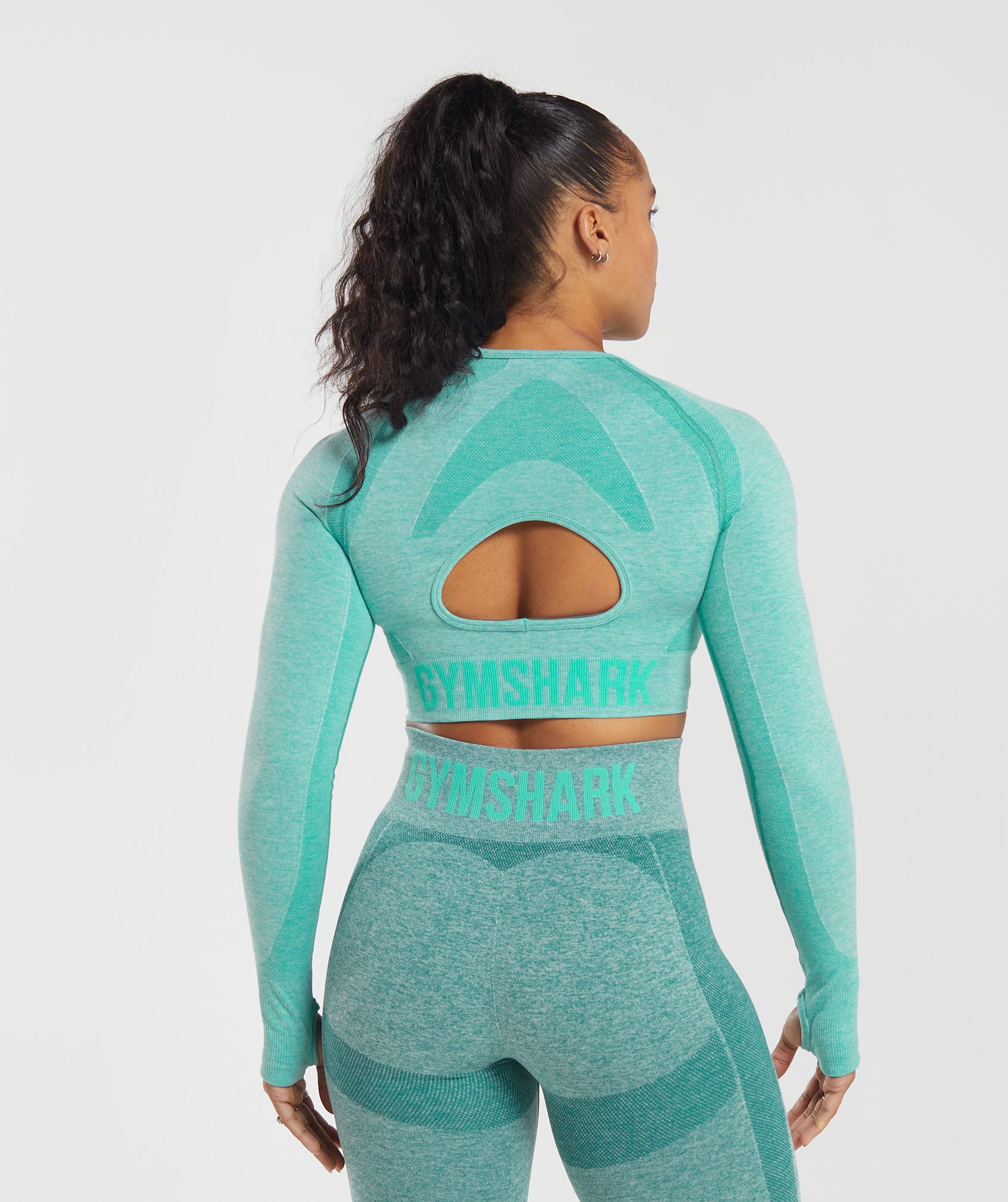 Flex Long Sleeve Crop Top in Cornflower Blue/White Marl/Jewel Green - view 2