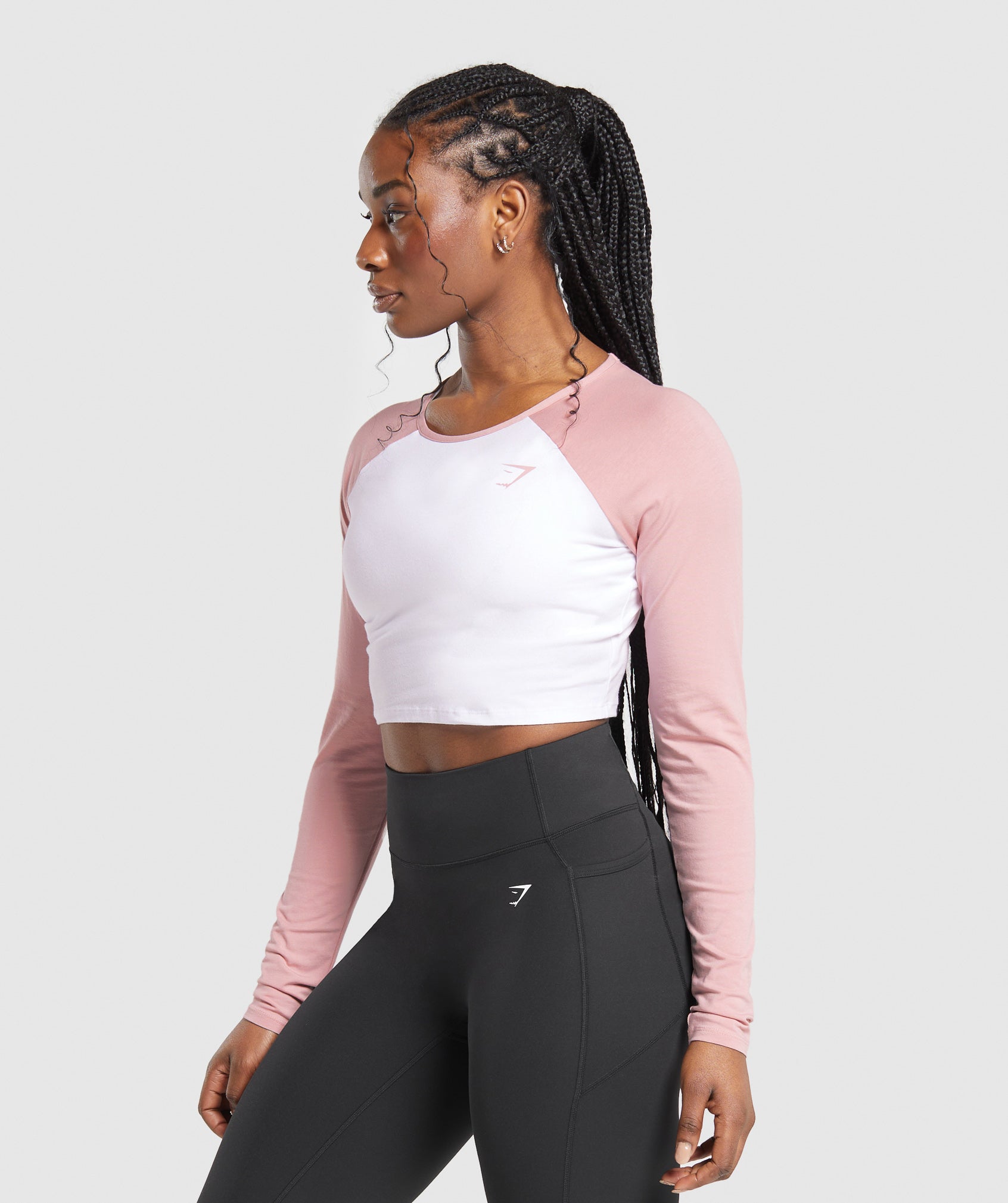 Lifting Essential Long Sleeve Crop Top in White/Light Pink - view 3
