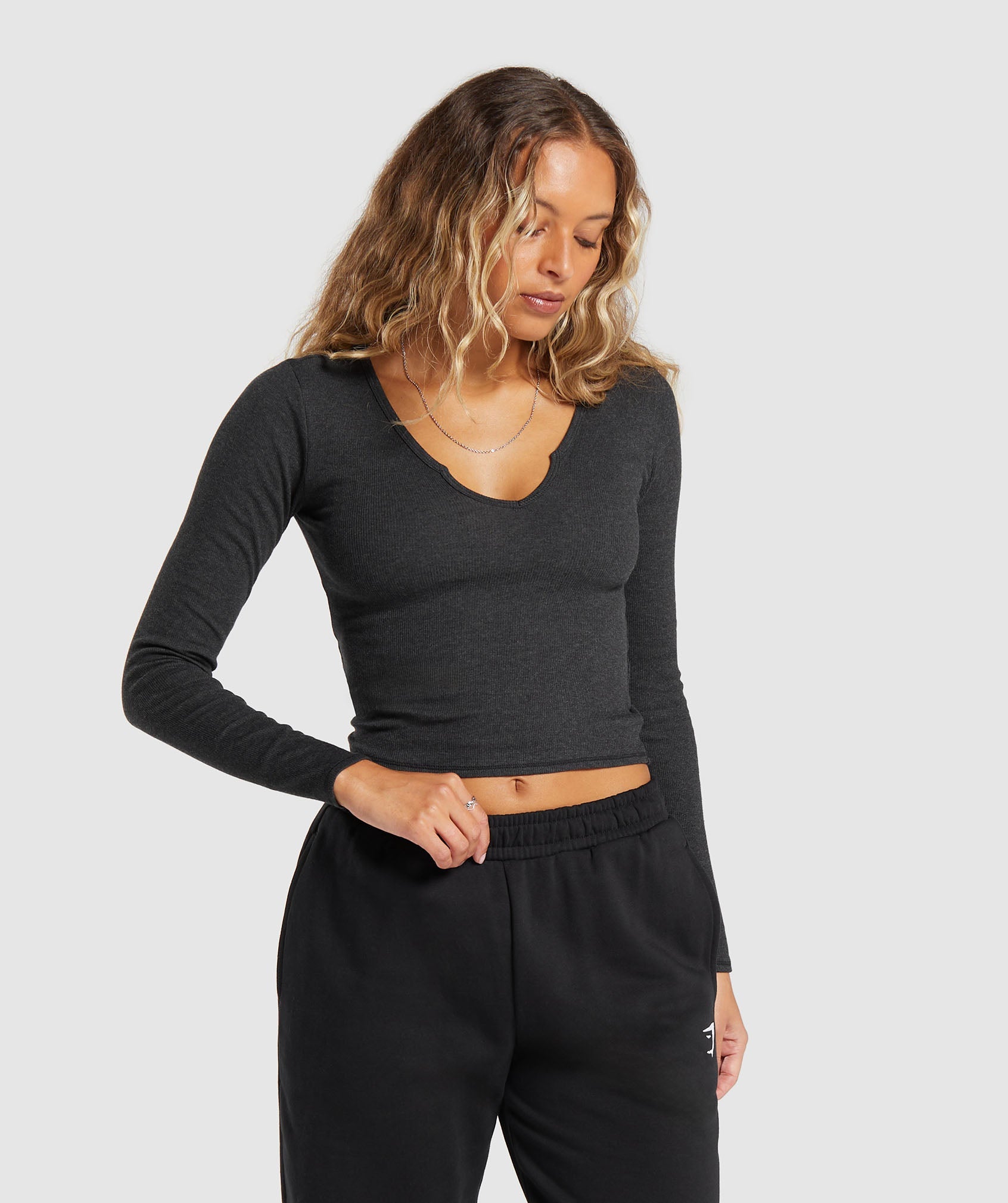 Rib Long Sleeve Top in Midnight Black Marl