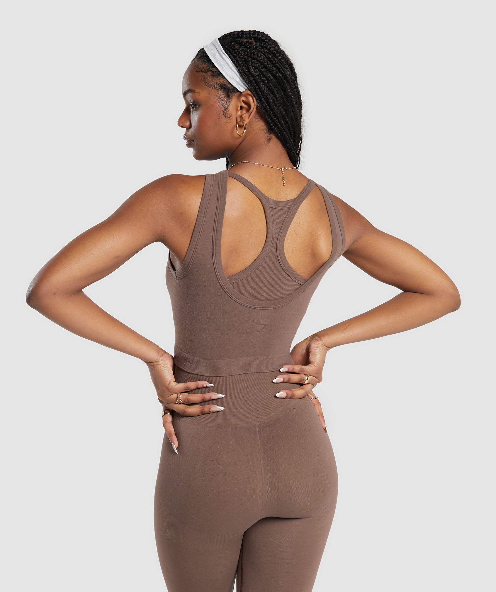 Ribbed Cotton Seamless Body Fit Tank in Soft Brown - view 2