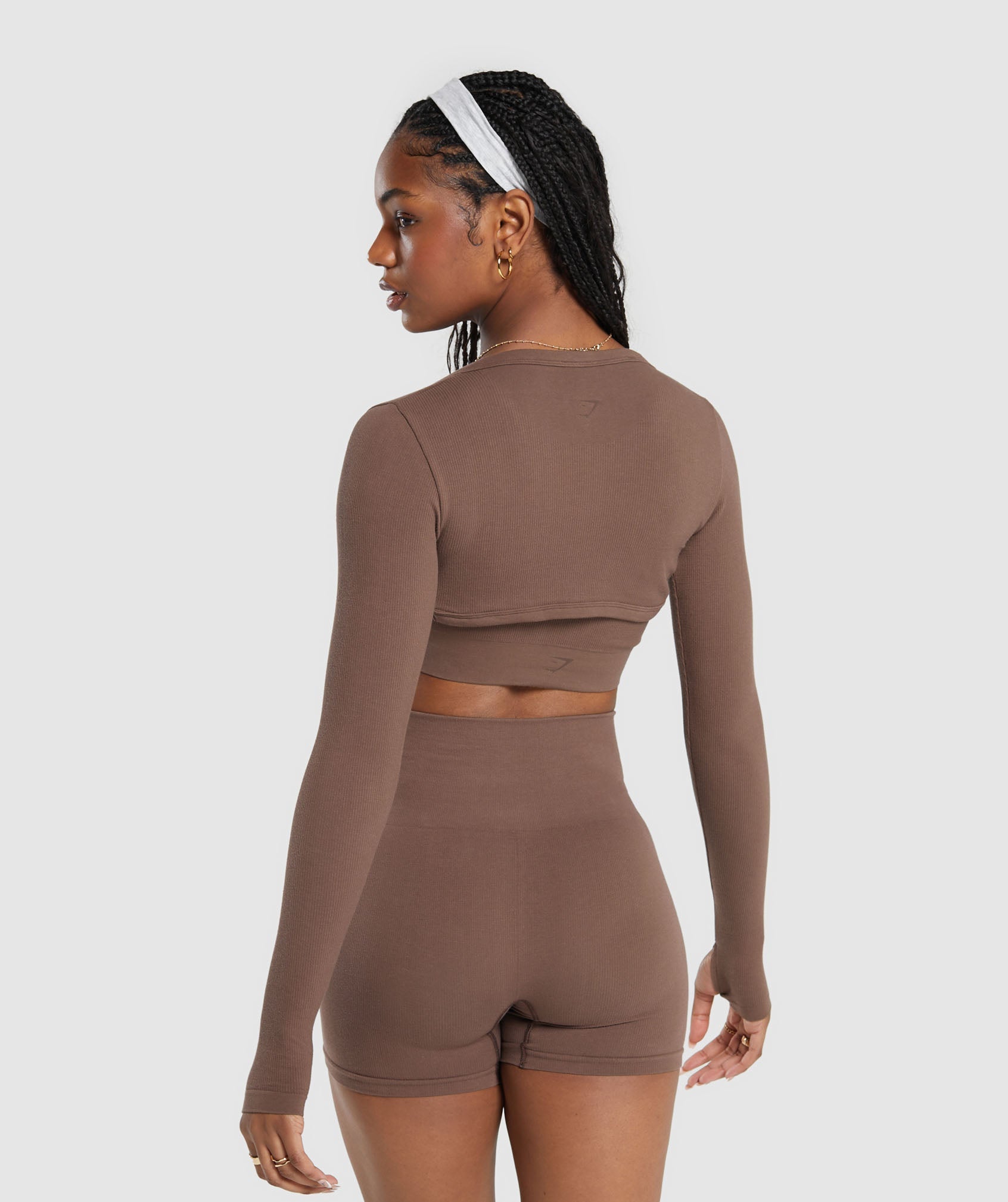 Ribbed Cotton Seamless Shrug in Soft Brown - view 2