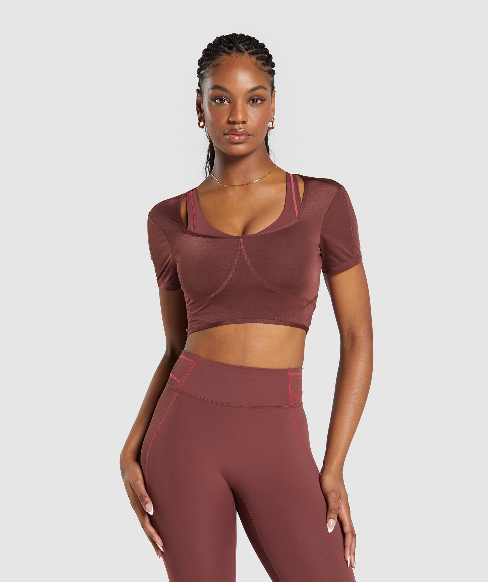 Stitch Feature Crop Top in Burgundy Brown