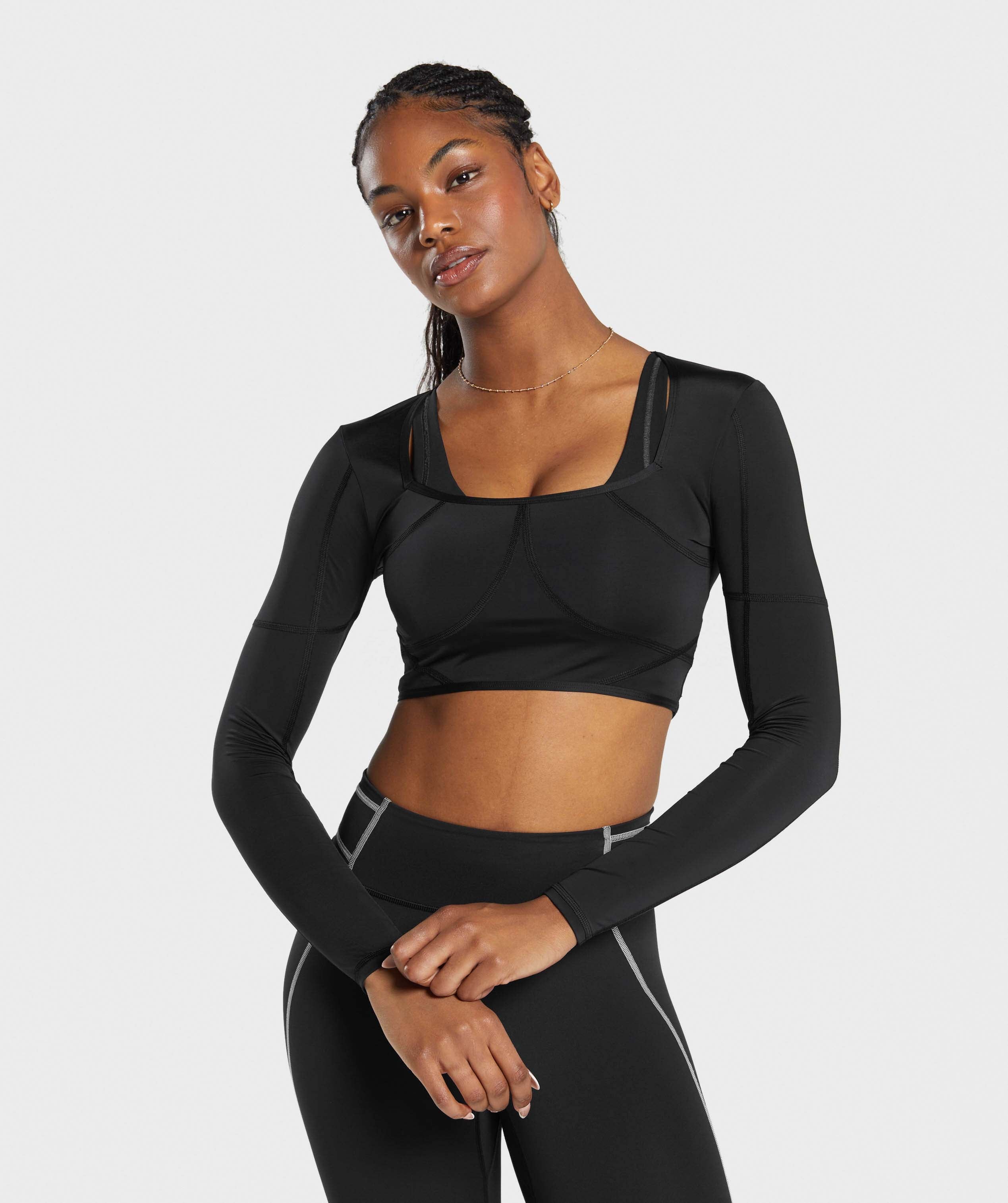Stitch Feature Long Sleeve Crop Top in Black/Stock Black Marl - view 1