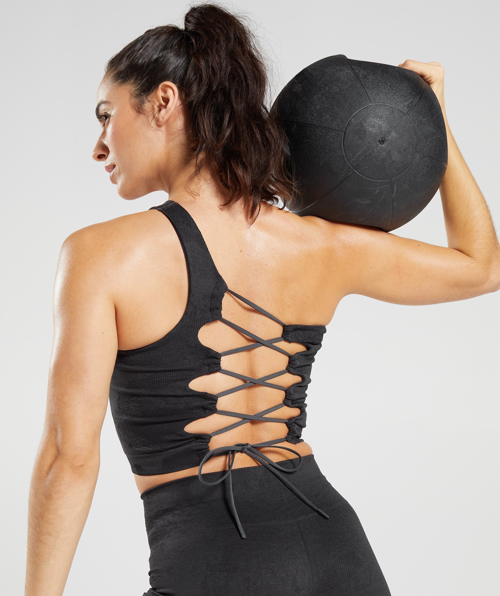 Gymshark Adapt Camo Seamless Lace Up Back Top - Black/Onyx Grey