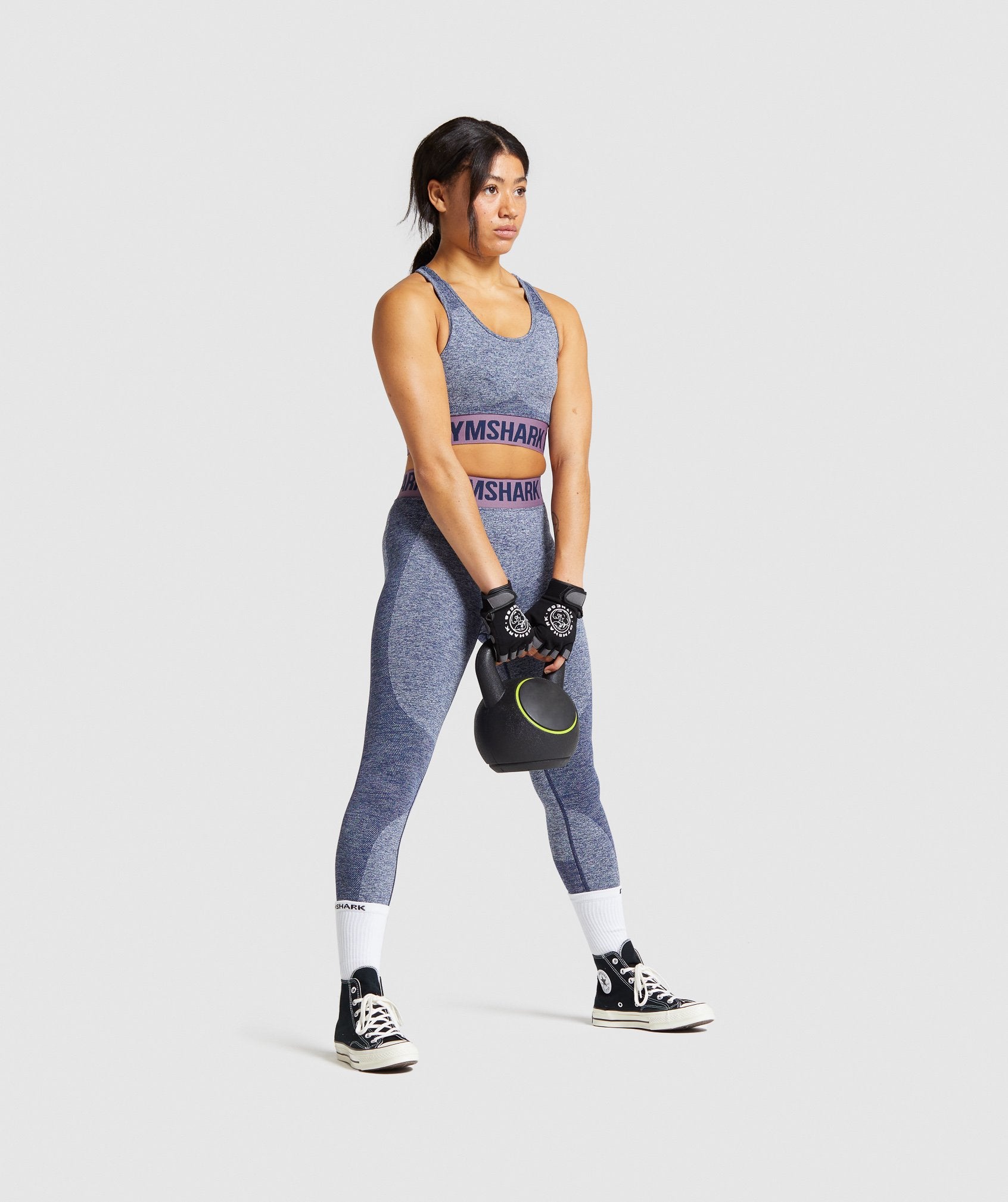 Gymshark flex strappy sports bra in navy marl/light - Depop