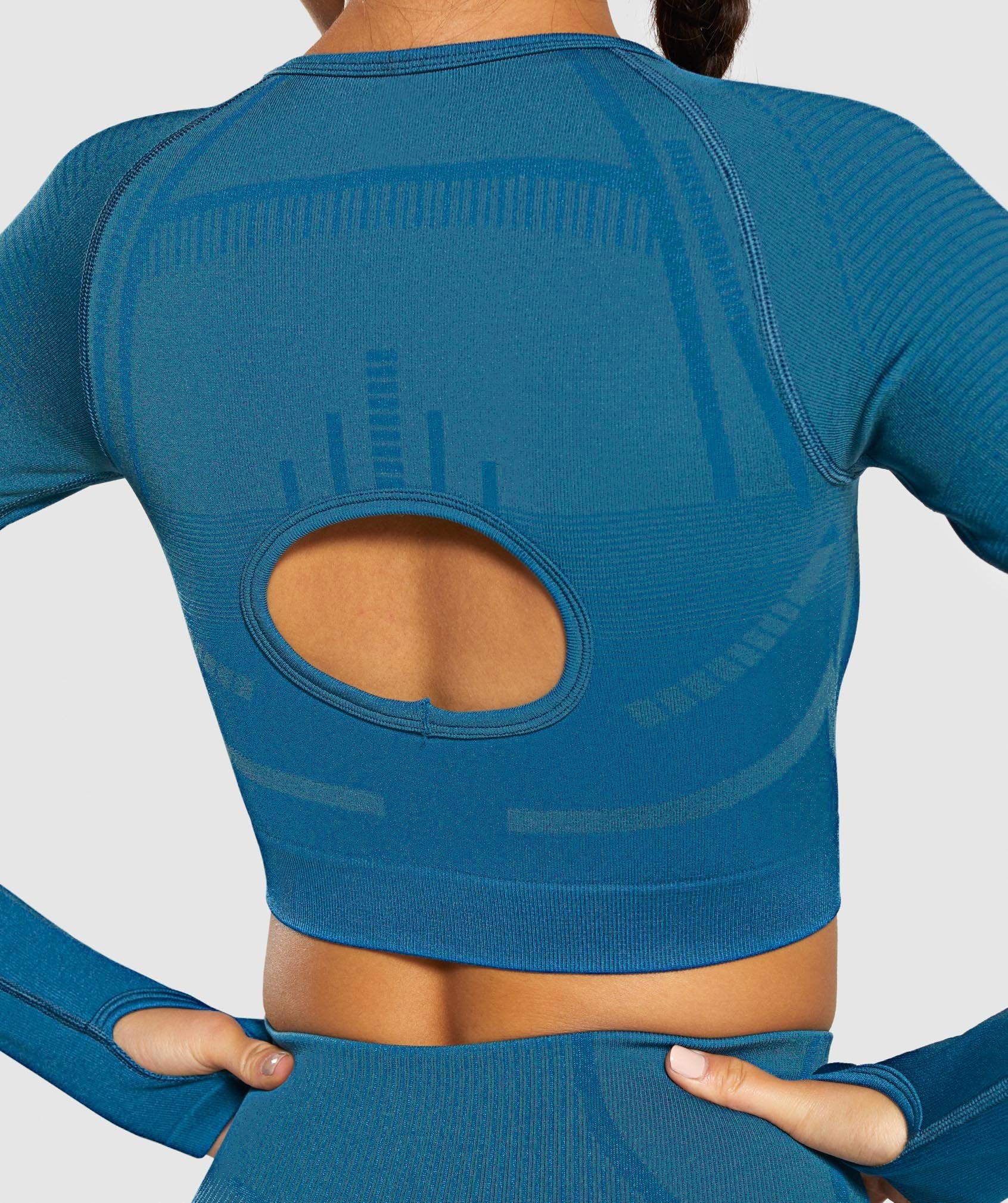 Bnwt Gymshark Size L 12/14 Geo Seamless Long Sleeve Crop Top Blue