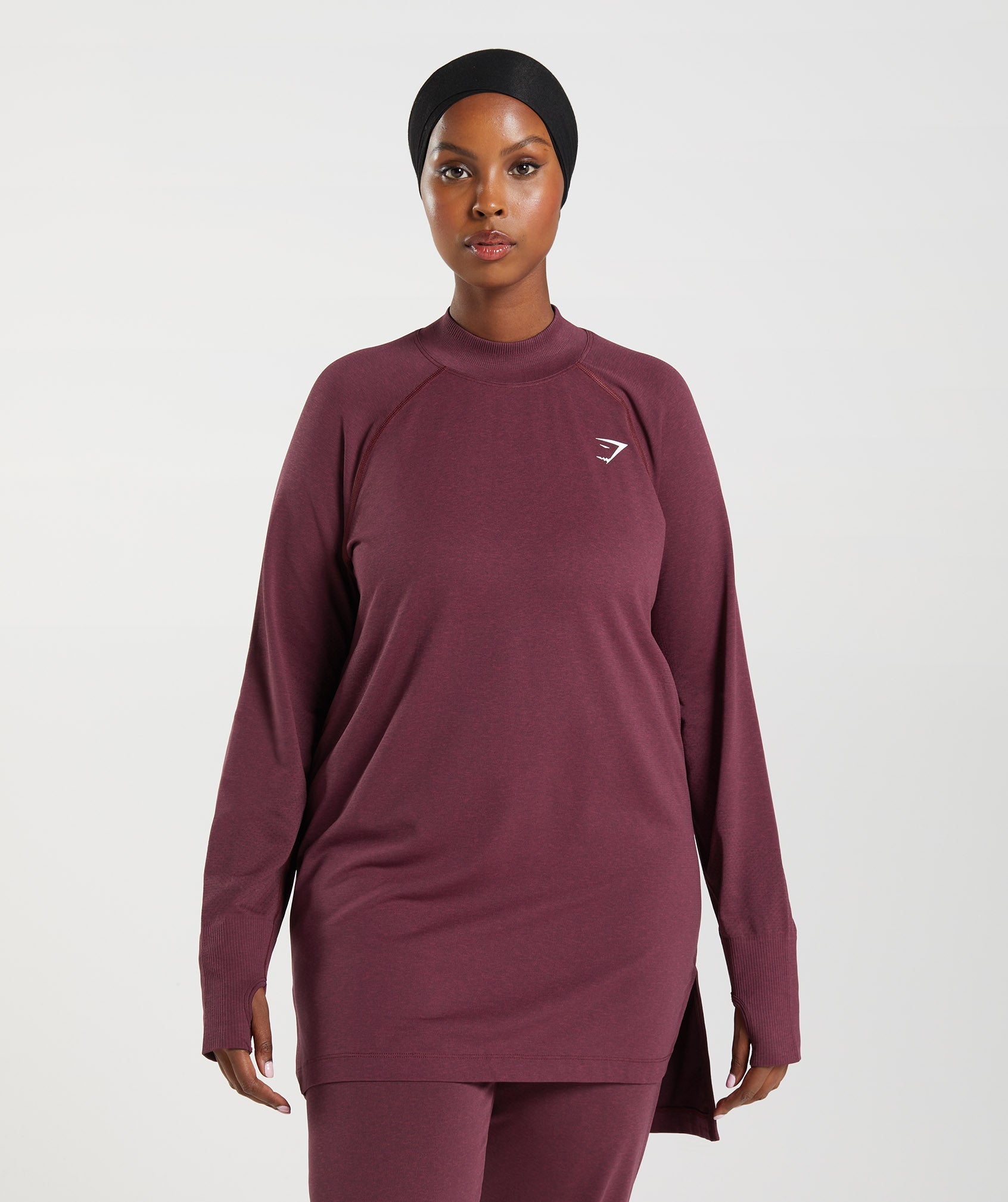 Vital Seamless Long Line Top in Baked Maroon Marl - view 1