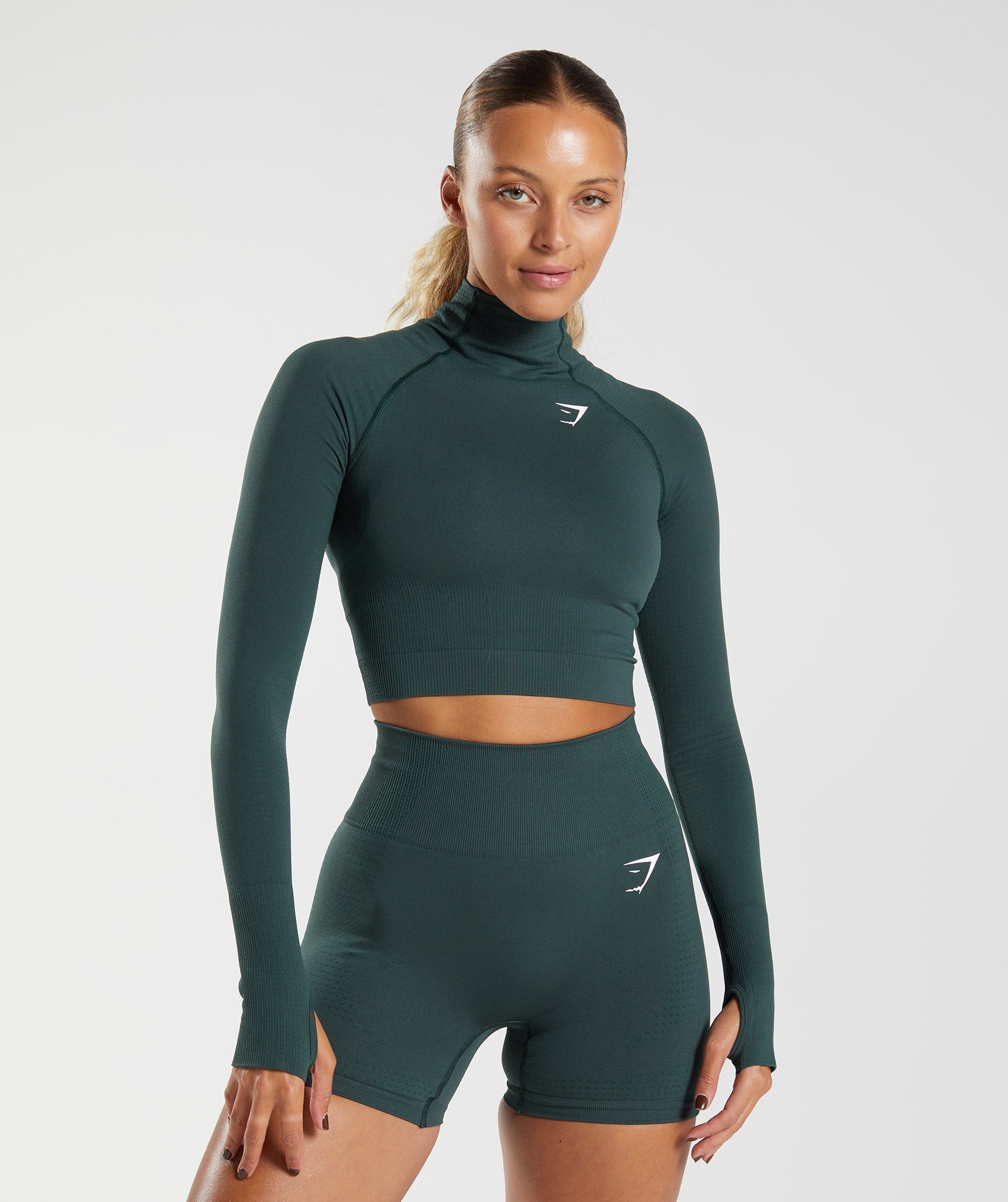 Gymshark Vital Seamless 2.0 High Neck Midi Top - Woodland Green Marl