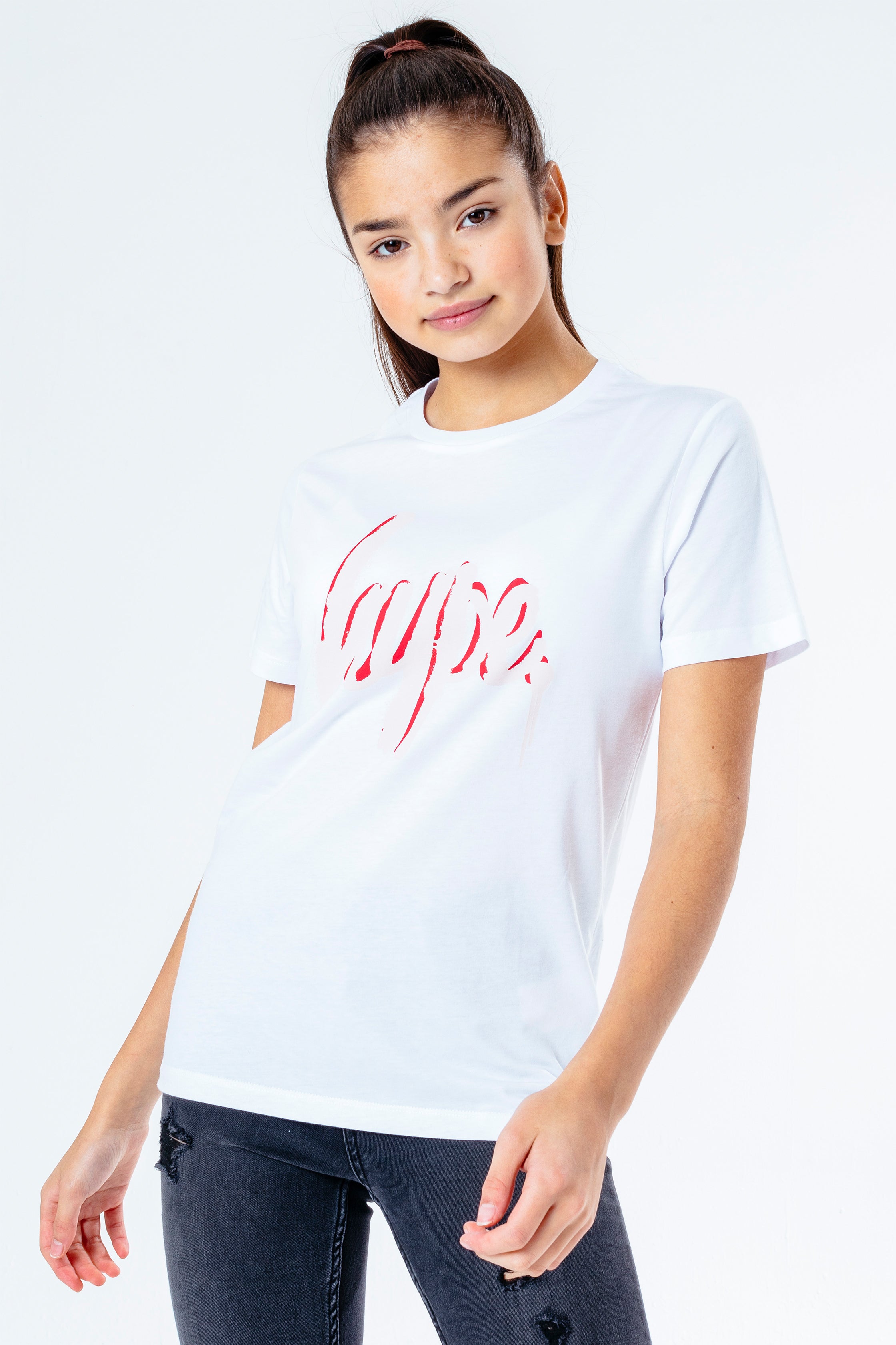 white spray script girls tee