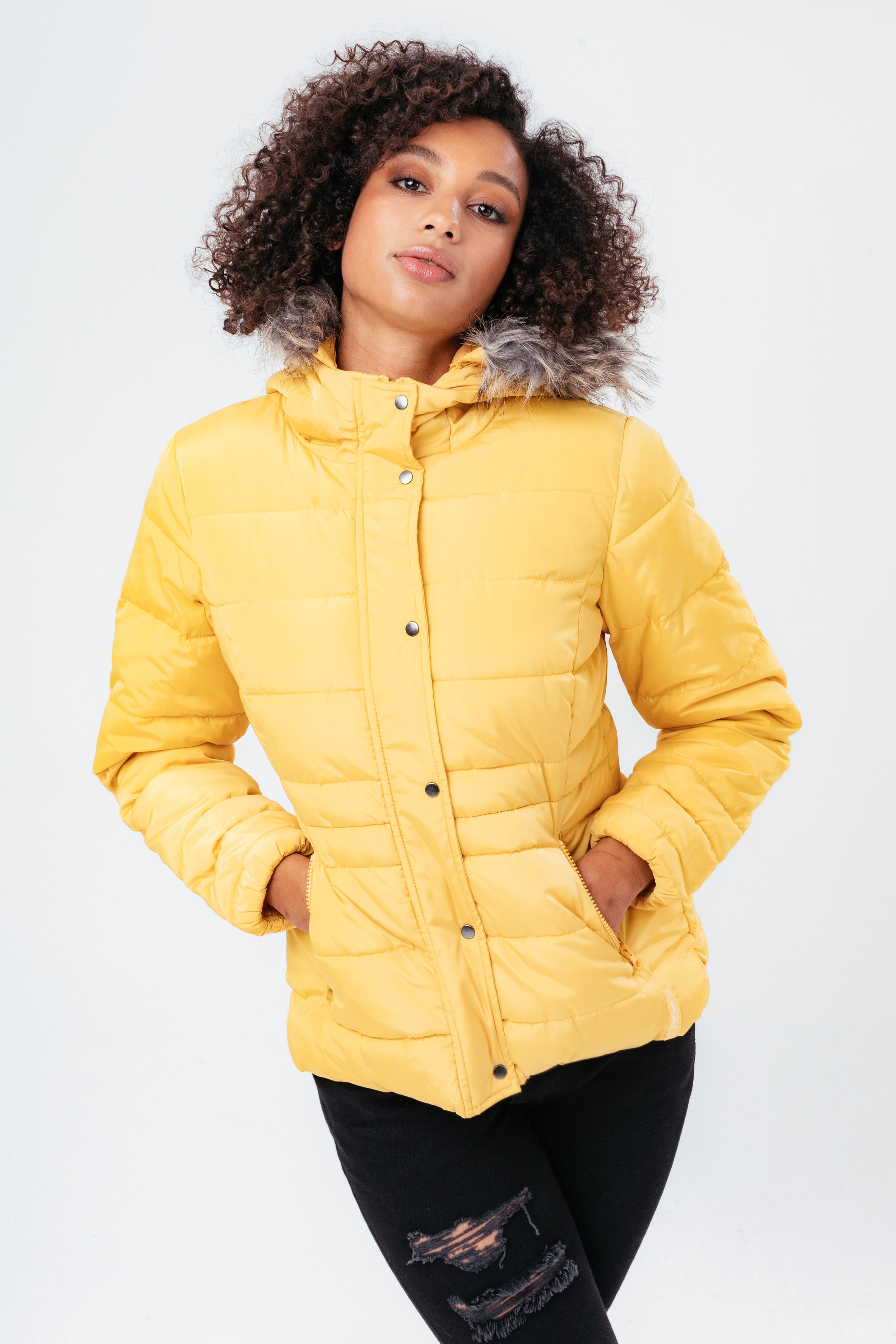 hype mustard short length women’s padded coat with fur