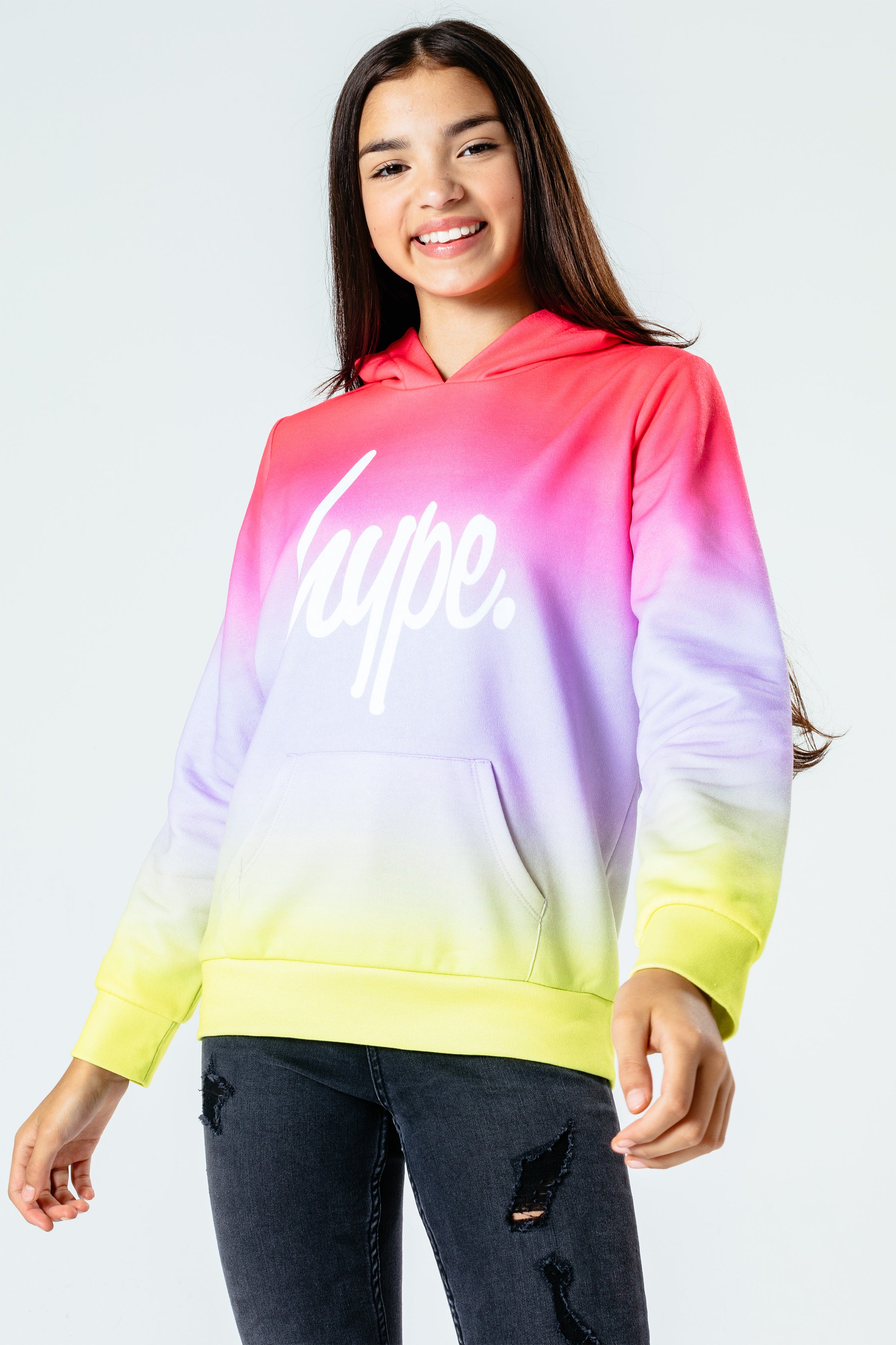 hype pink & yellow fade girls pullover hoodie