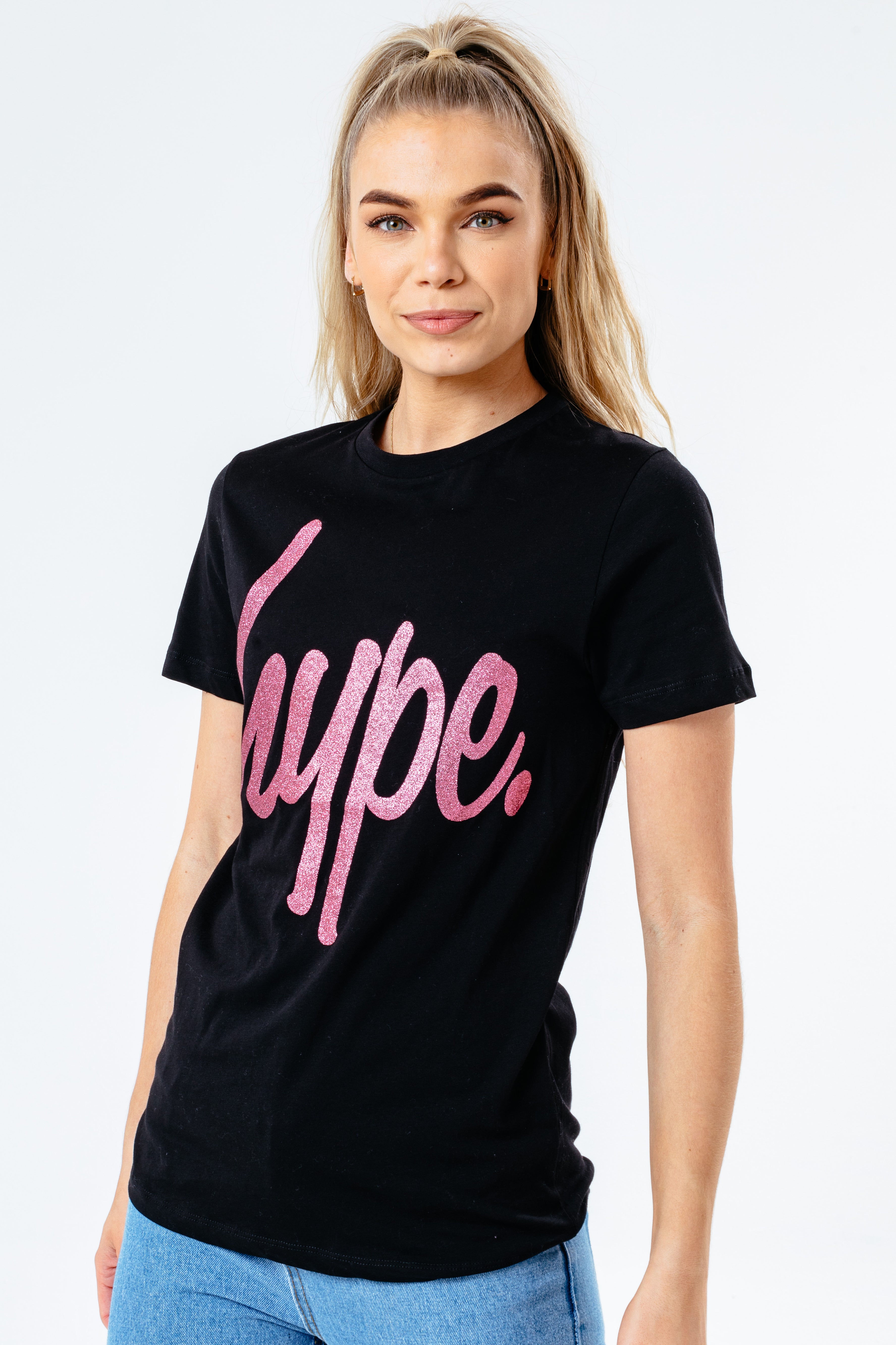 HYPE BLACK GLITTER SCRIPT WOMEN'S T-SHIRT